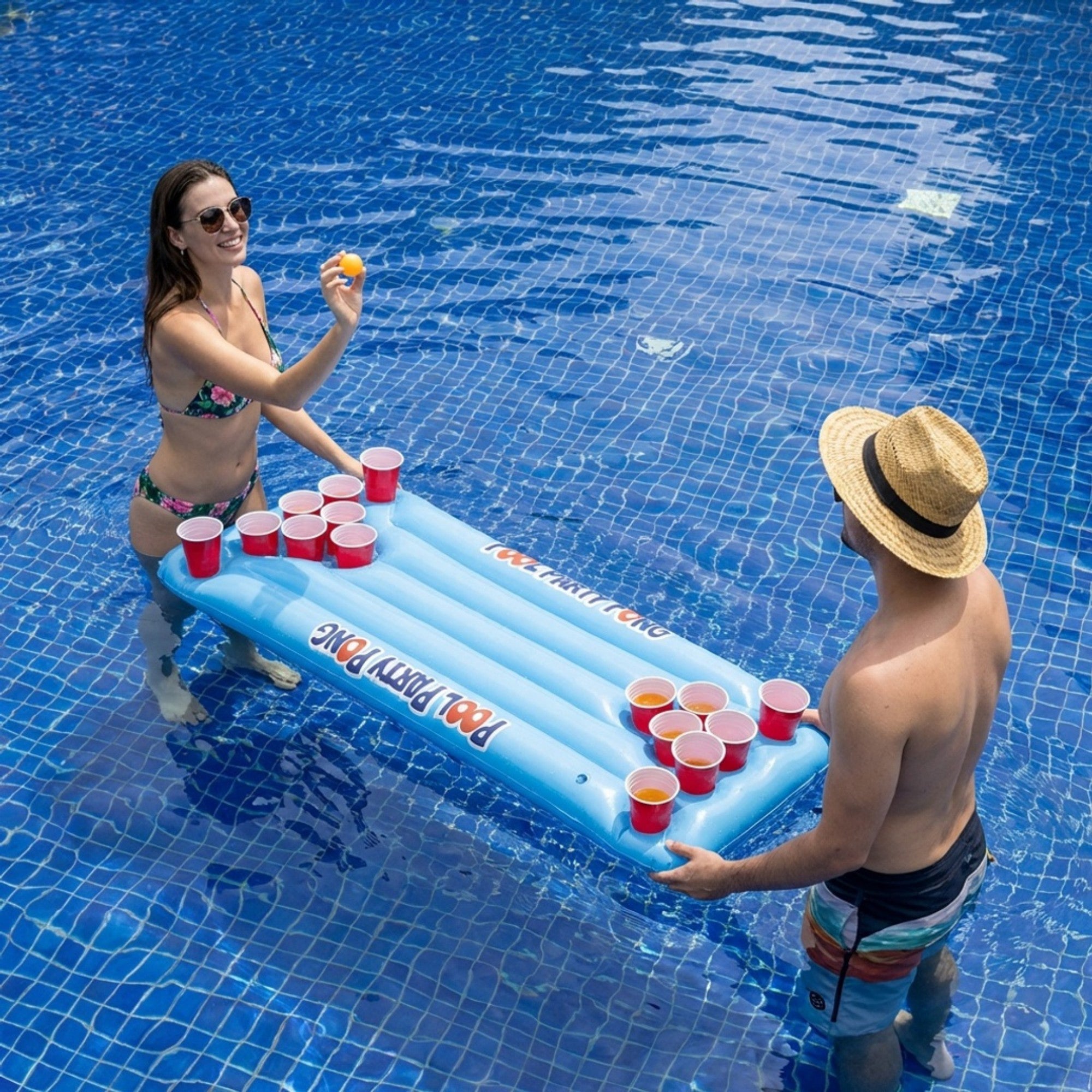 Anna-Kaci Inflatable Pool Party Pong Game Float with Cup Holders Floating Drinking Game for Pool Parties