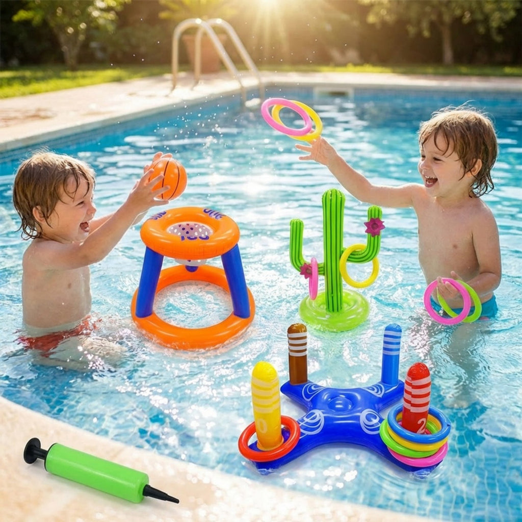 Anna-Kaci Inflatable Pool Games Set with Basketball Hoop and Ring Toss Water Toy Kit for Pool Parties