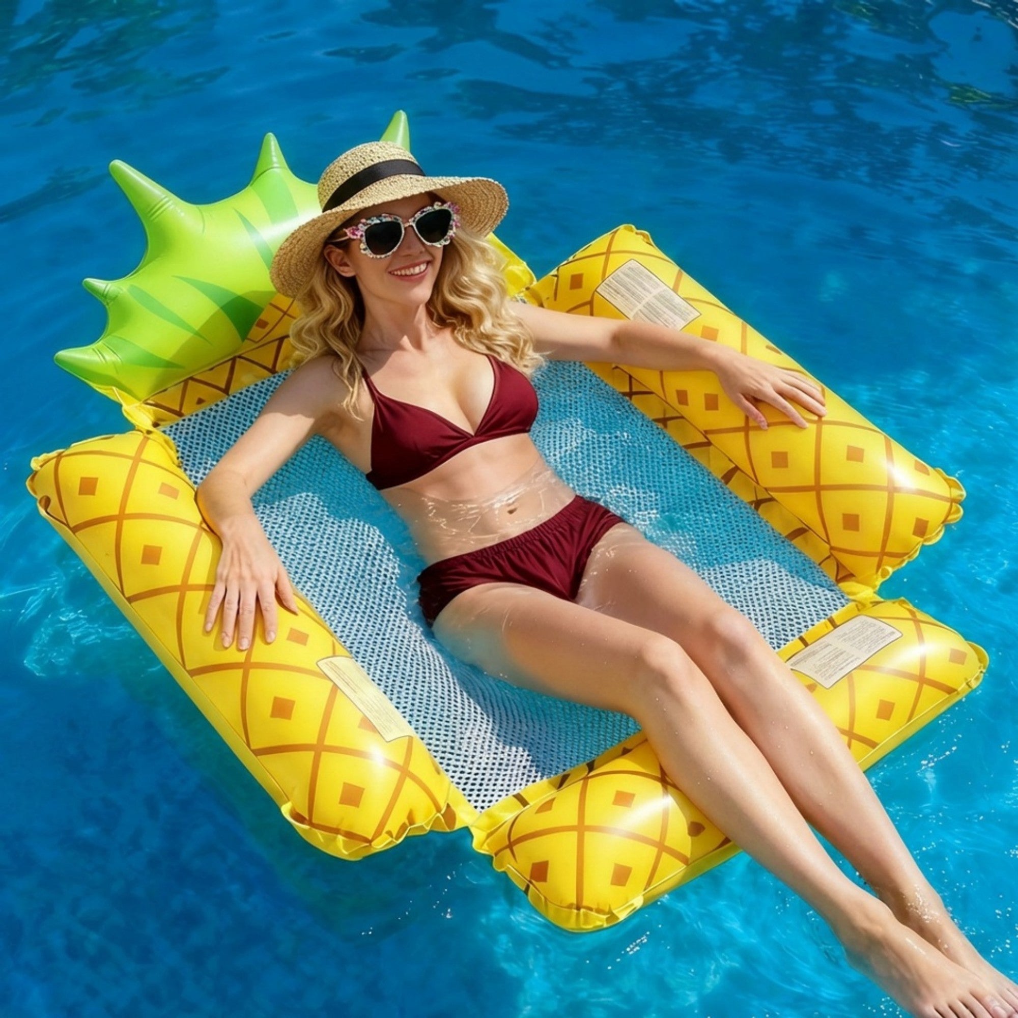 Anna-Kaci Inflatable Pool Hammock Float with Mesh Center and Pillow Headrest Floating Lounge