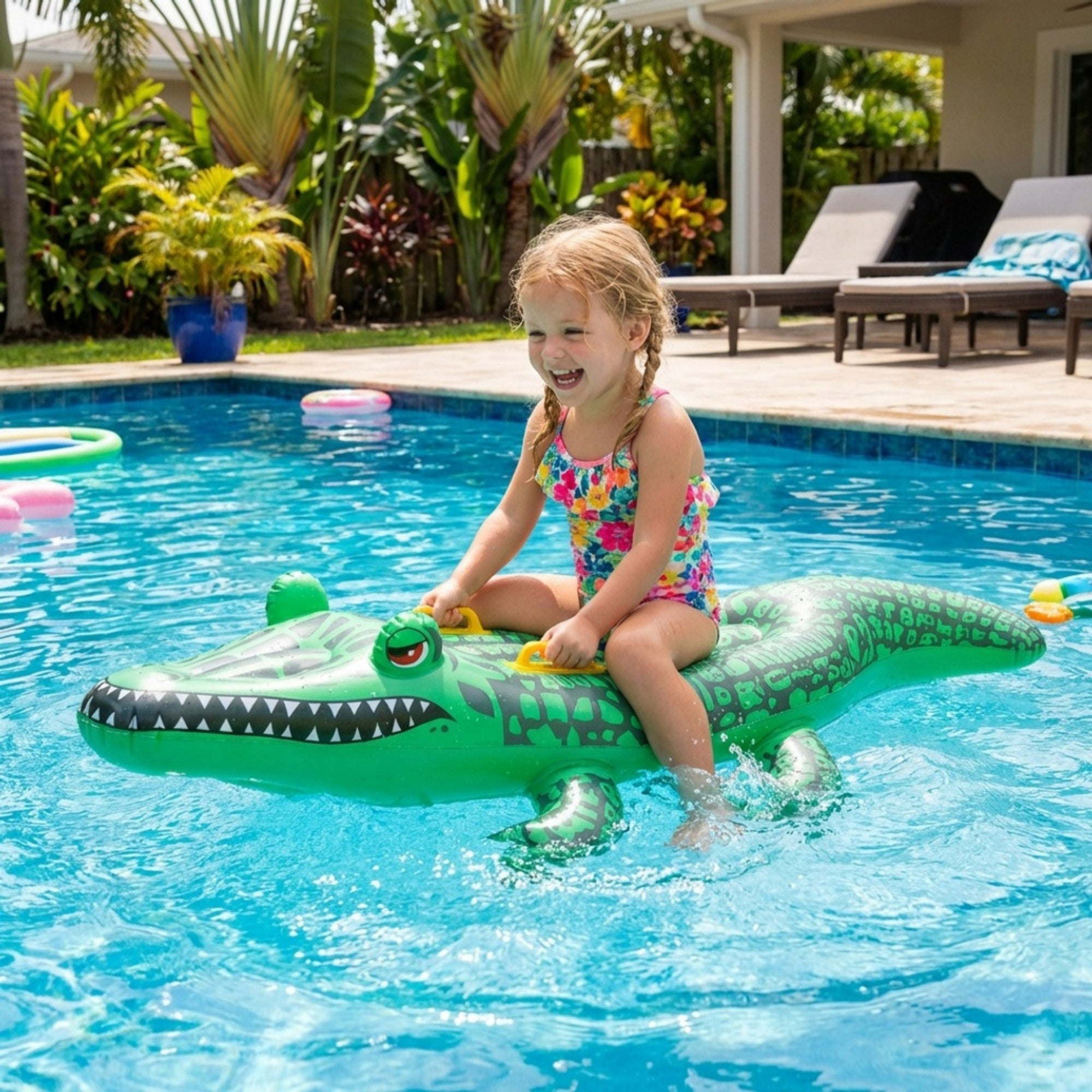 Anna-Kaci Inflatable Alligator Pool Float Ride On Crocodile Water Toy with Handles for Kids
