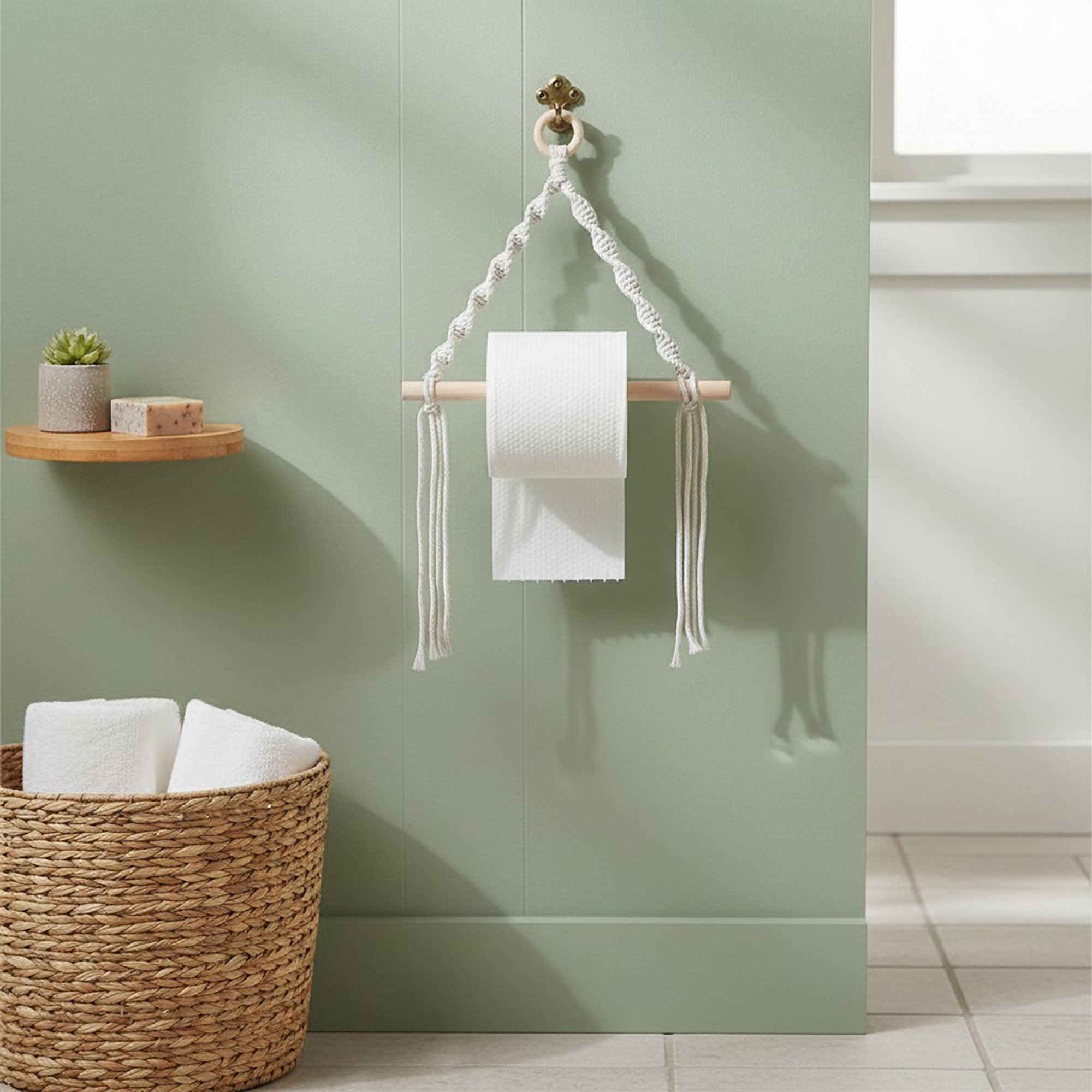 Anna-Kaci 3-piece Hanging Rope Toilet Paper Holder with Wooden Dowel Bar