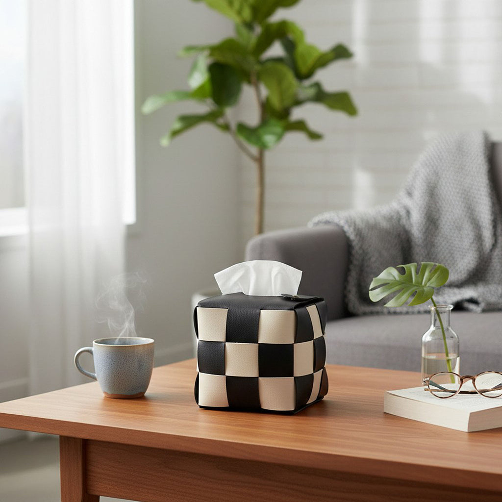 Anna-Kaci Woven Checkered Tissue Box Cover with Soft Structured Design