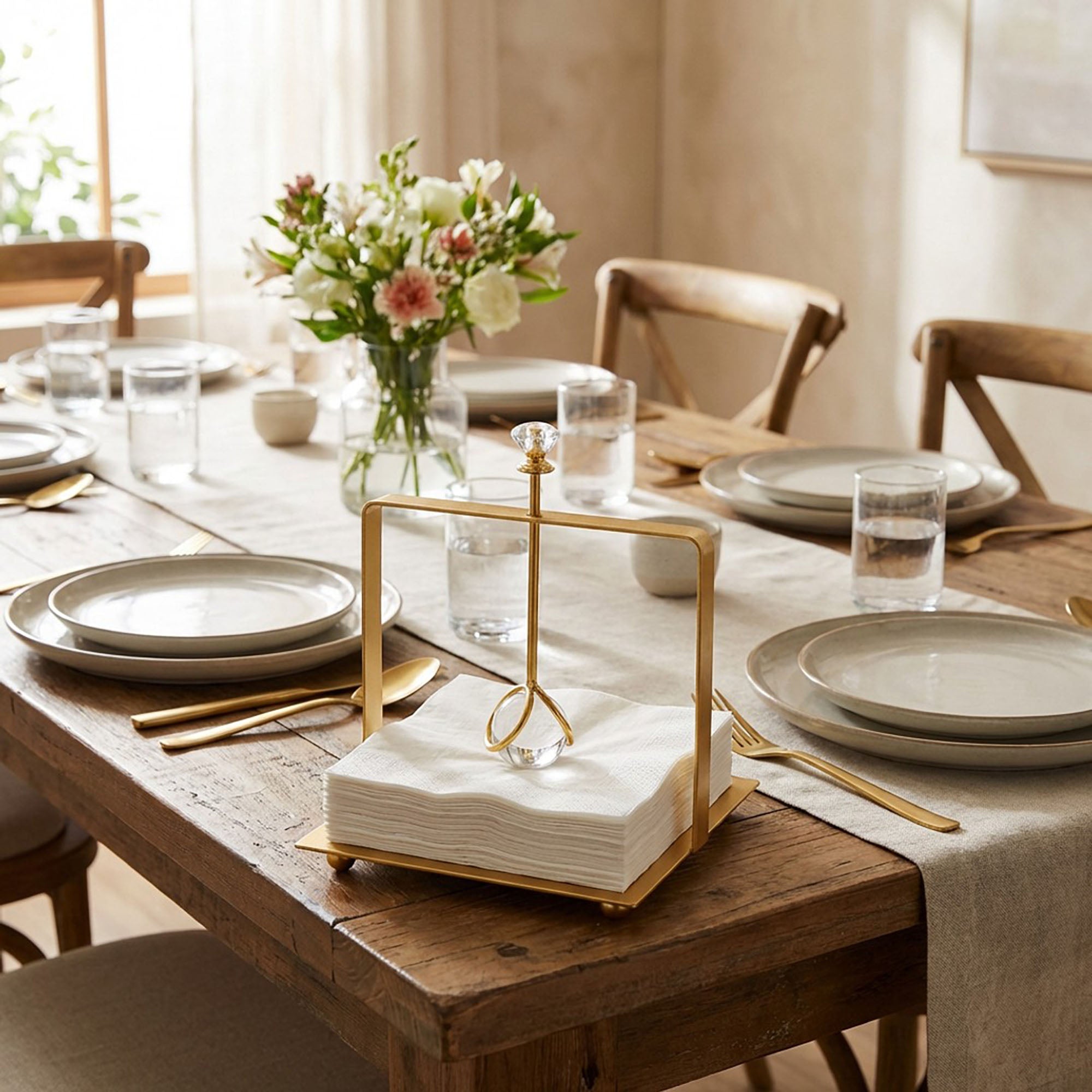 Anna-Kaci Modern Gold Metal Napkin Holder with Crystal Knob Decorative Tabletop Organizer