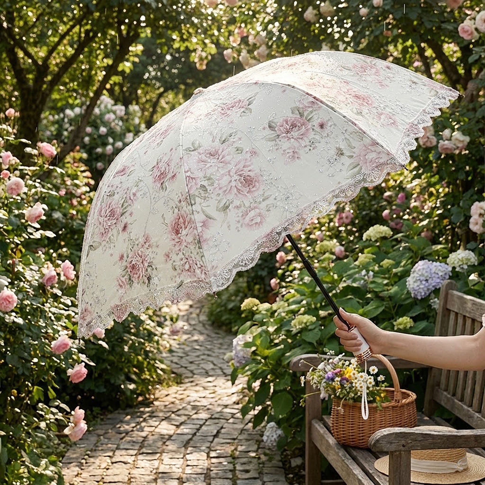 Anna-Kaci Vintage Floral Lace Trim Umbrella with Scalloped Edge Canopy
