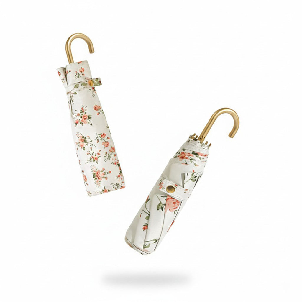 Anna-Kaci Floral Print Compact Umbrella with Curved Gold Handle