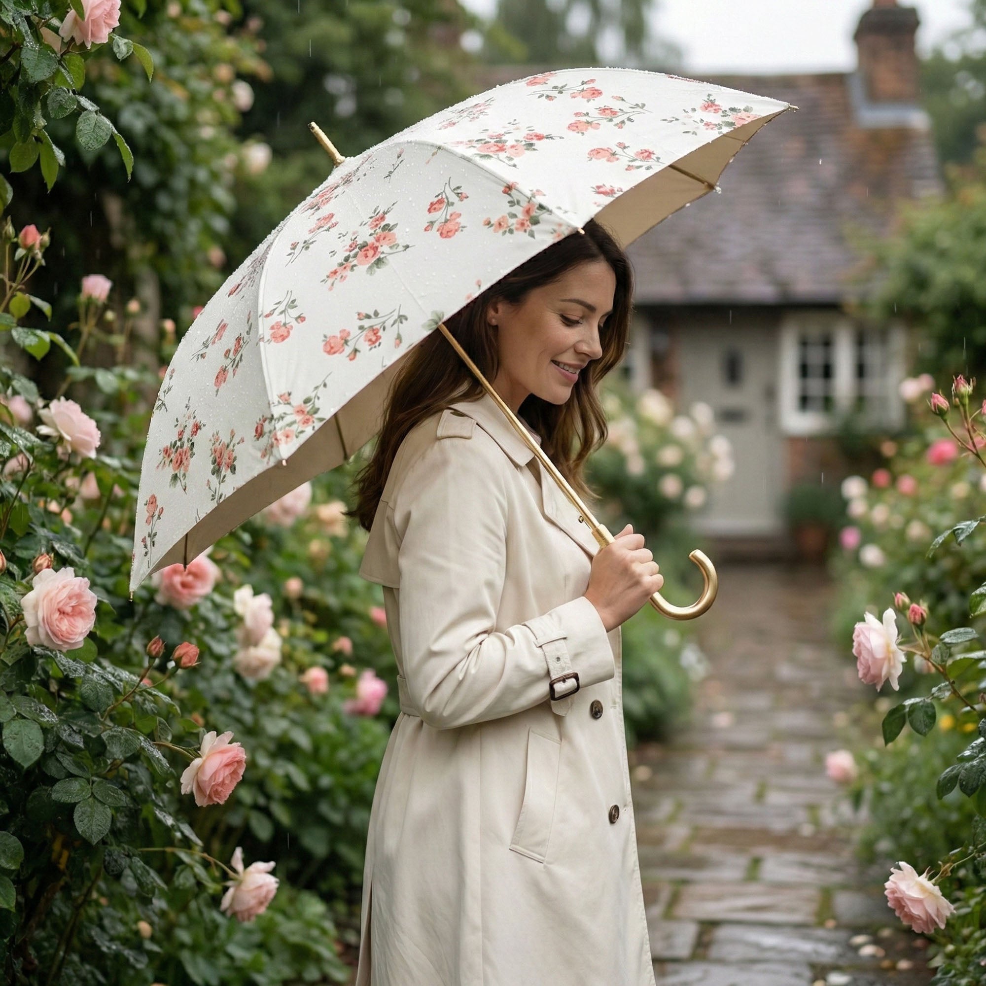 Anna-Kaci Floral Print Compact Umbrella with Curved Gold Handle