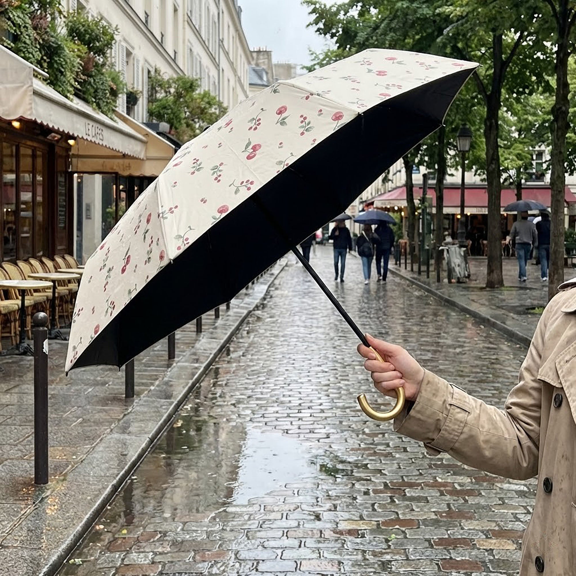 Anna-Kaci Cherry Print Compact Foldable Umbrella with Full Coverage Canopy