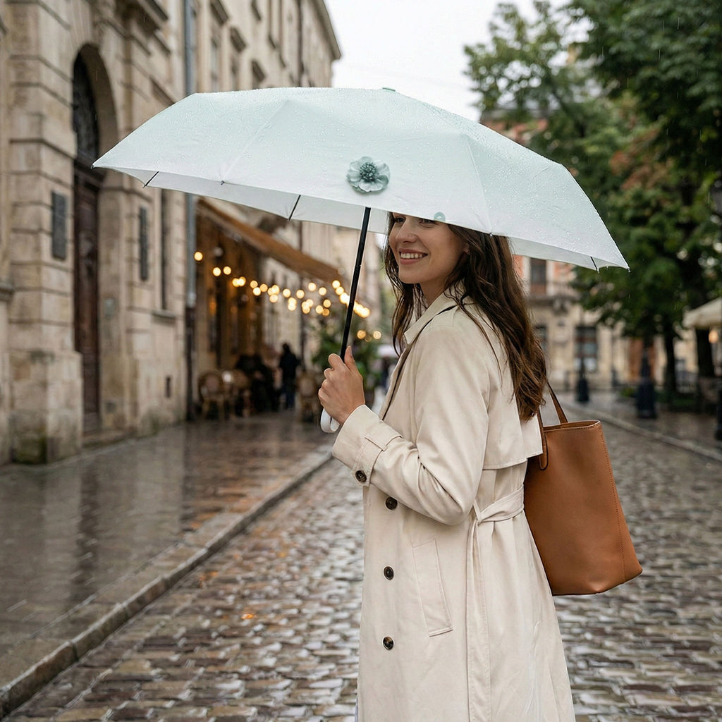Anna-Kaci Gradient-Colored Umbrella with Floral Accent and Curved Handle