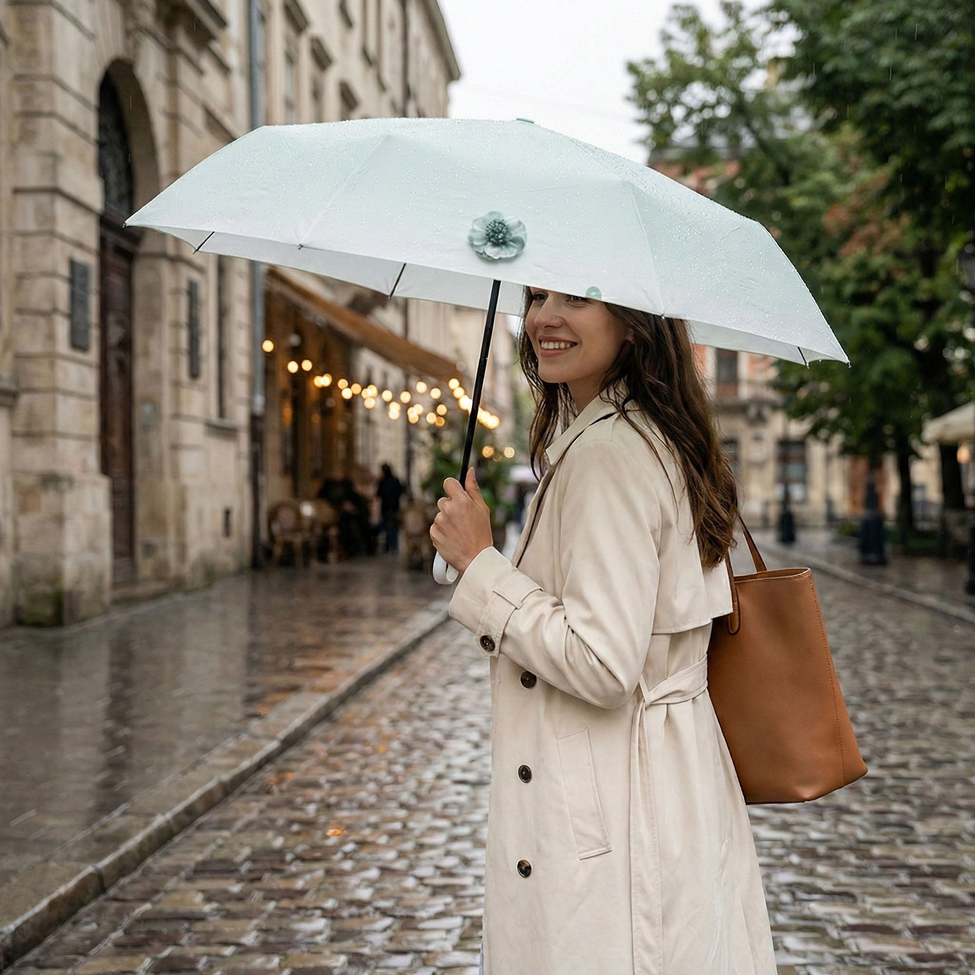 Anna-Kaci Gradient-Colored Umbrella with Floral Accent and Curved Handle