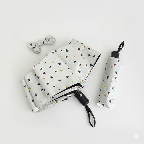 Anna-Kaci Compact Heart Print Folding Umbrella with Wrist Strap Handle