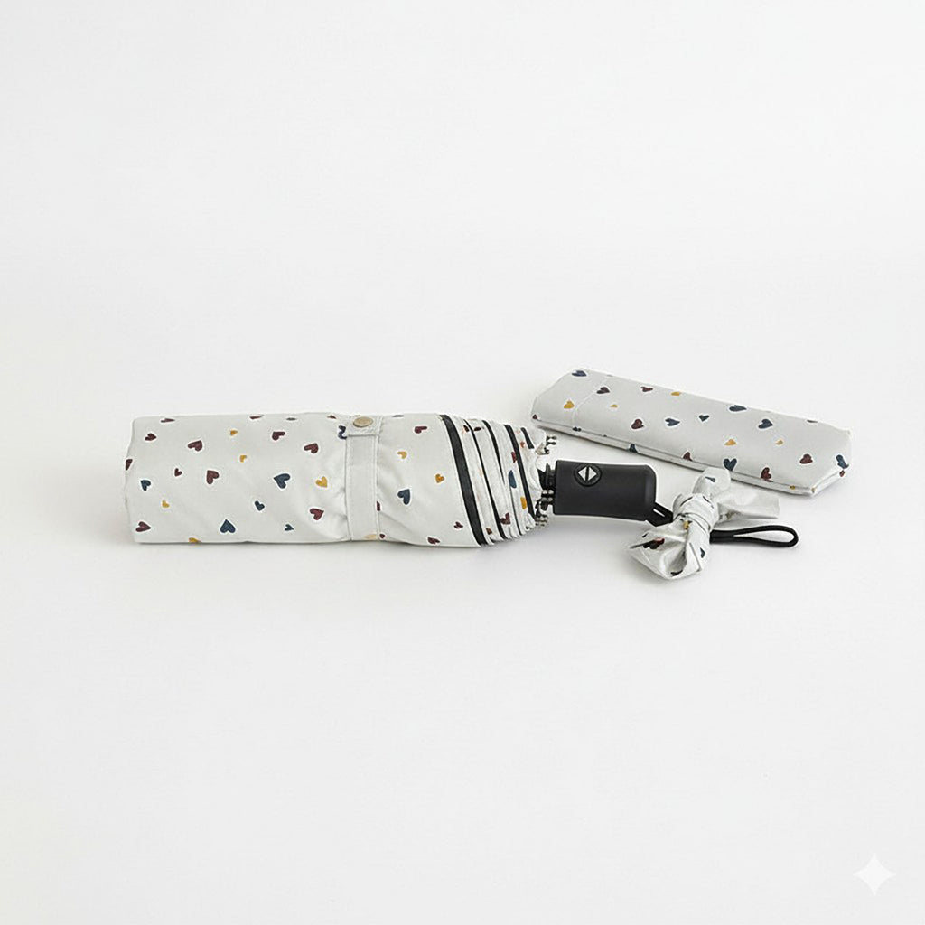 Anna-Kaci Compact Heart Print Folding Umbrella with Wrist Strap Handle