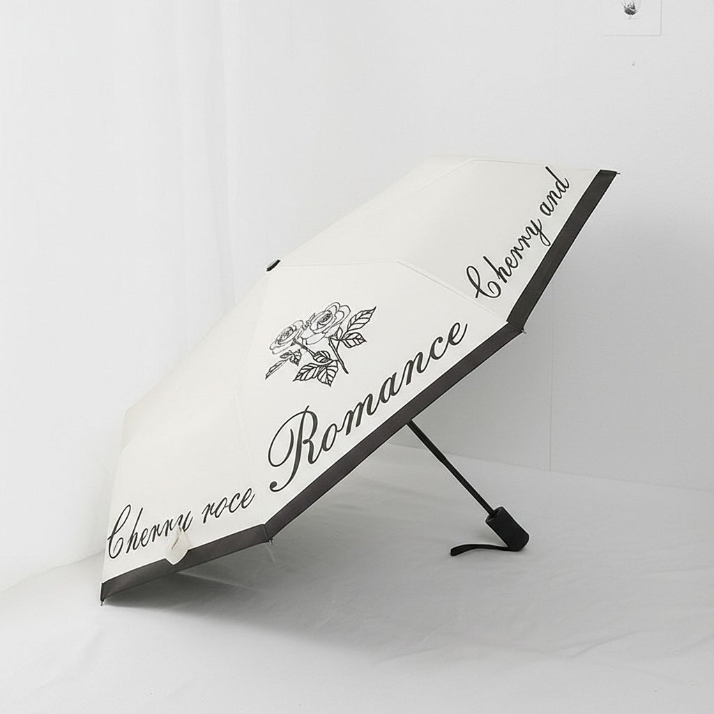 Anna-Kaci Romance Script Print Umbrella with Rose Graphic and Contrast Trim