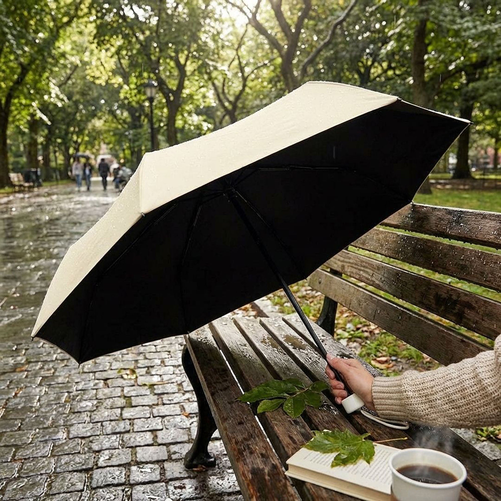 Anna-Kaci Compact Folding Umbrella with Solid Canopy Wind Resistant Frame Automatic Open and Wrist Strap