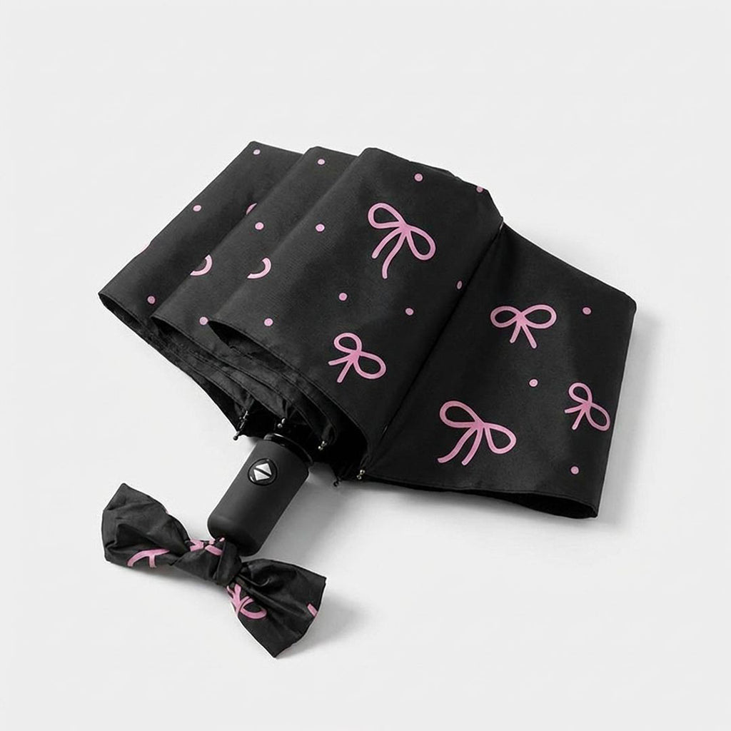 Anna-Kaci Compact Folding Umbrella with Bow Print Canopy Automatic Open Wind Resistant Frame and Strap