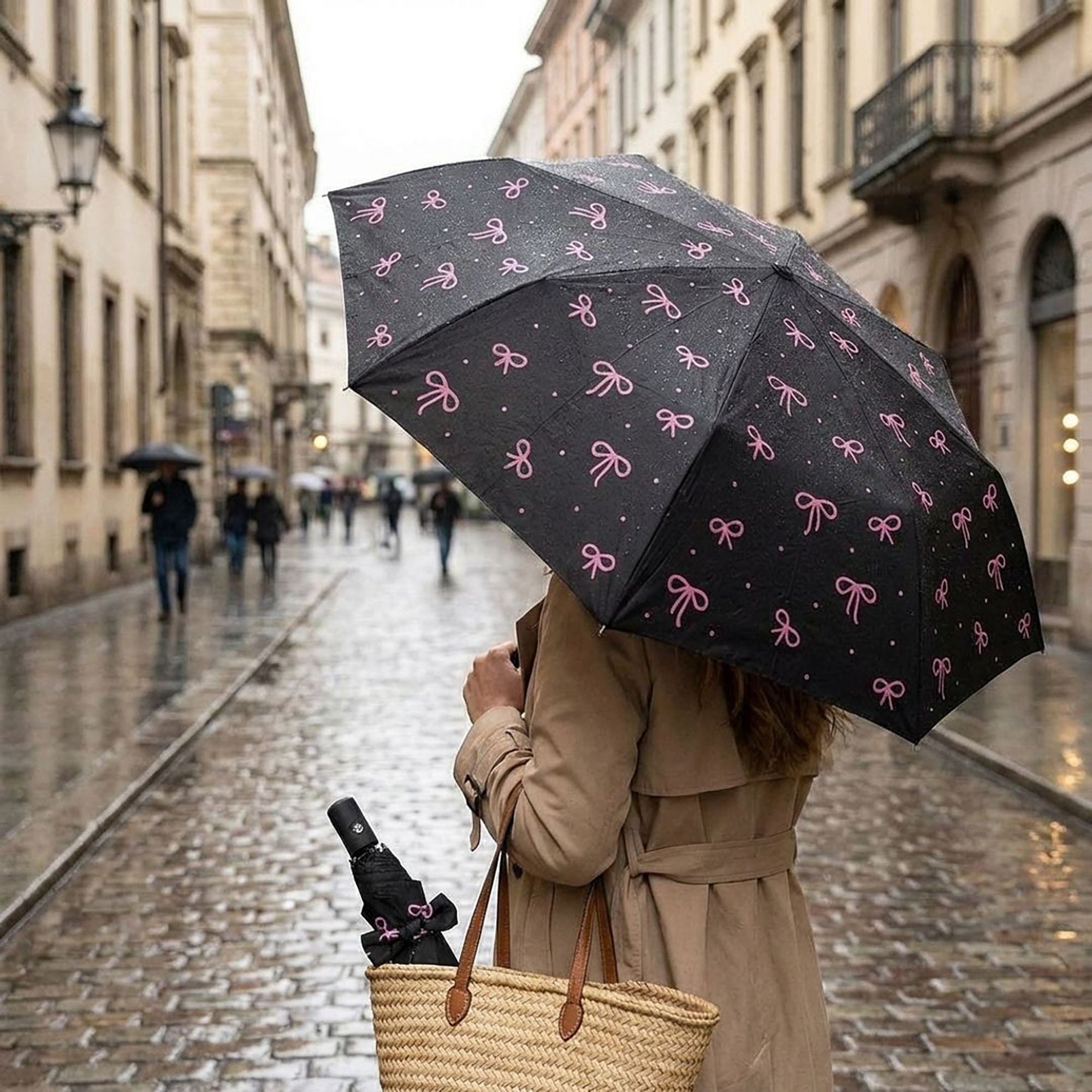 Anna-Kaci Compact Folding Umbrella with Bow Print Canopy Automatic Open Wind Resistant Frame and Strap