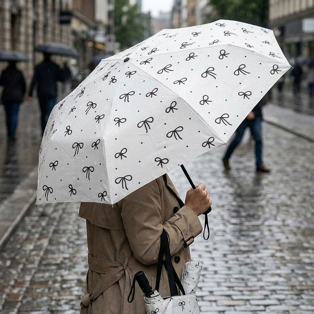 Anna-Kaci Compact Folding Umbrella with Bow Print Canopy Automatic Open Wind Resistant Frame and Strap