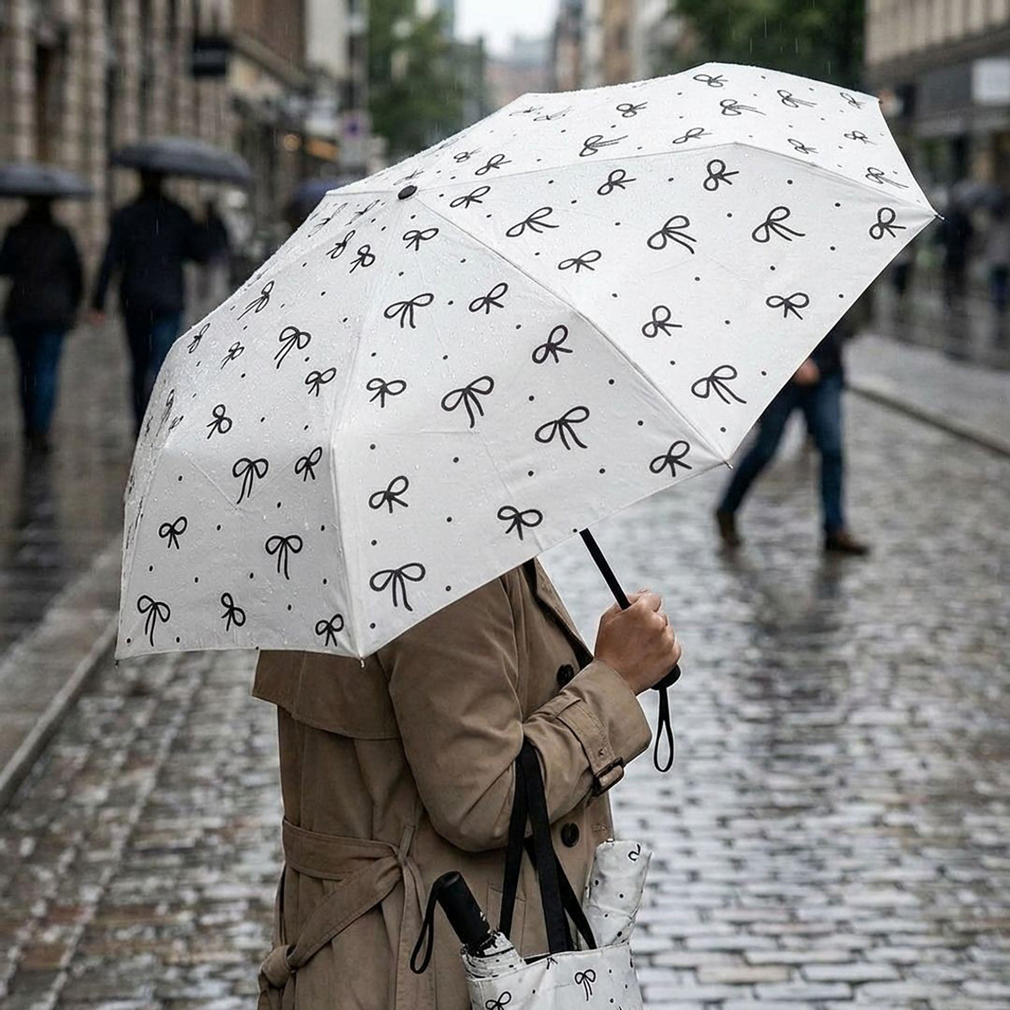 Anna-Kaci Compact Folding Umbrella with Bow Print Canopy Automatic Open Wind Resistant Frame and Strap