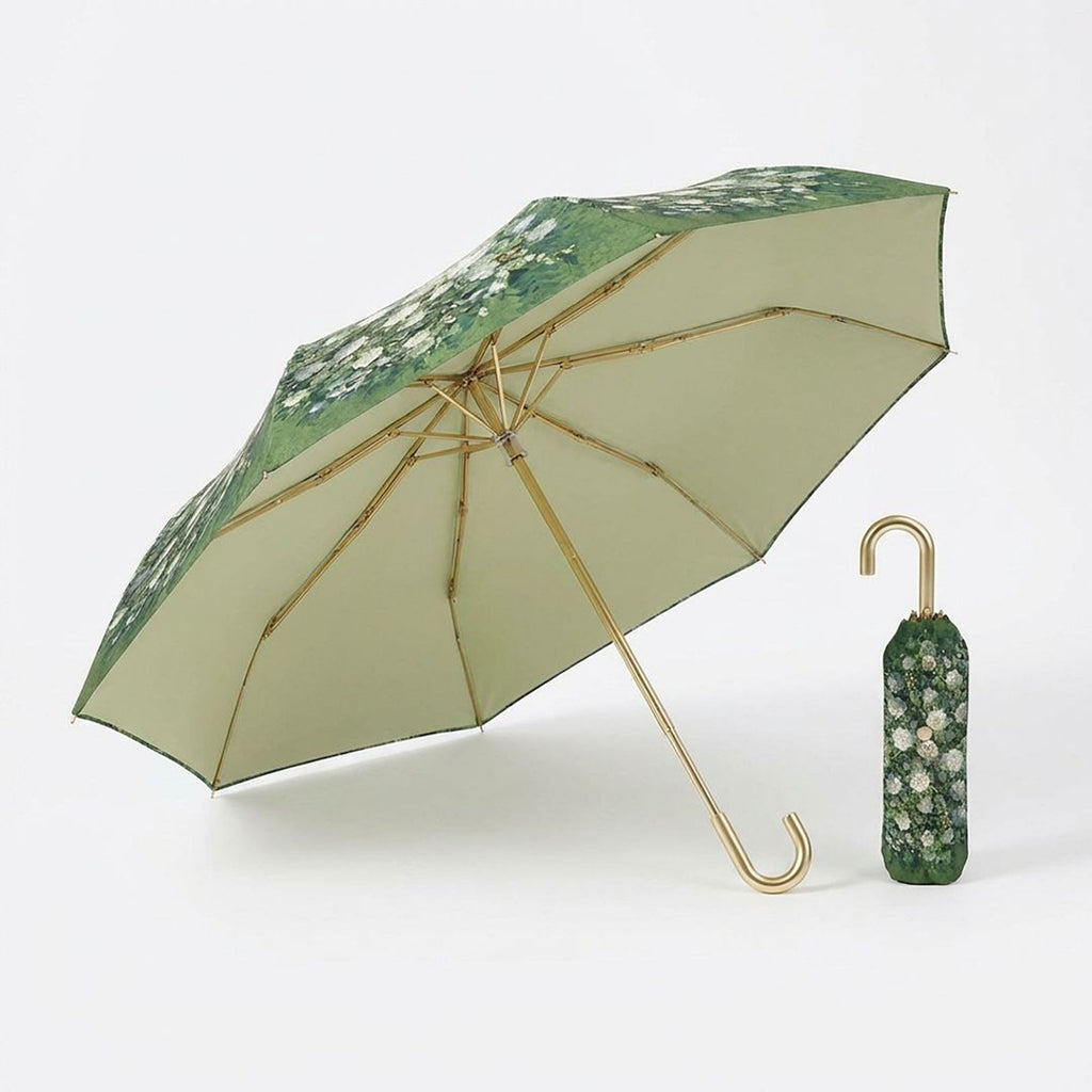 Anna-Kaci Floral Print Folding Umbrella with Gold Tone Frame Curved Handle and Matching Sleeve