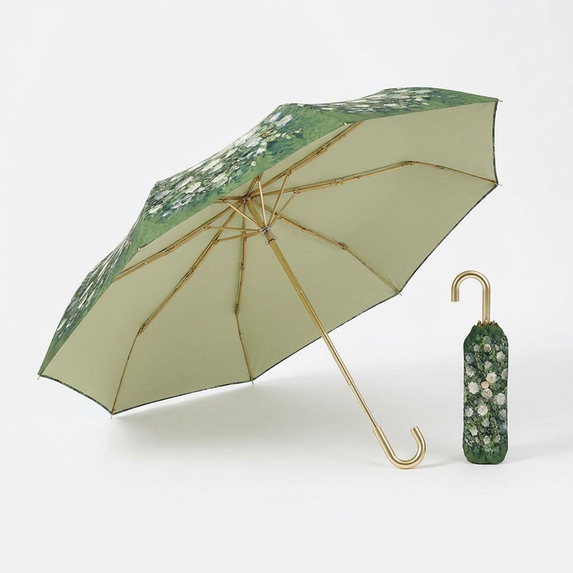 Anna-Kaci Floral Print Folding Umbrella with Gold Tone Frame Curved Handle and Matching Sleeve