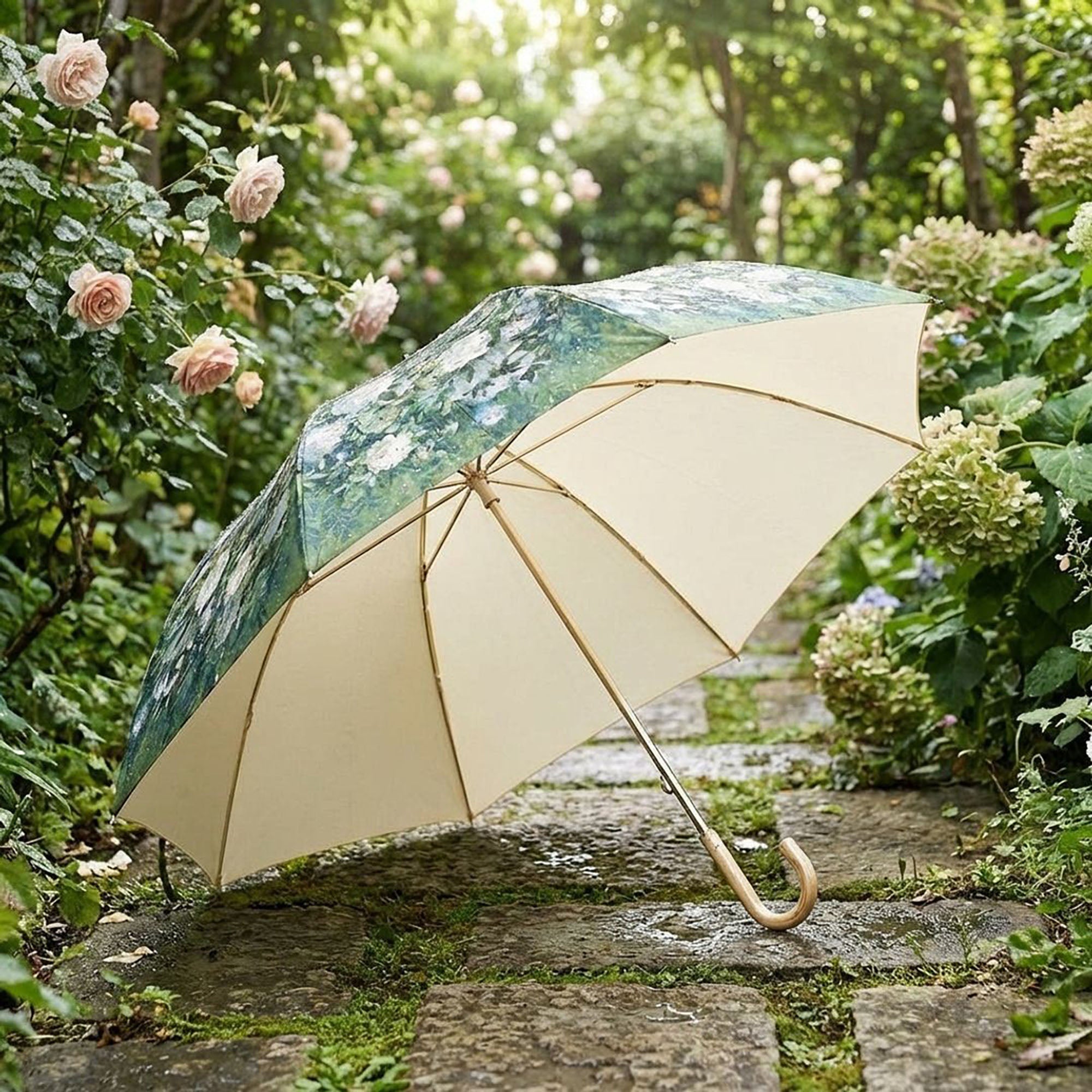 Anna-Kaci Floral Print Folding Umbrella with Gold Tone Frame Curved Handle and Matching Sleeve