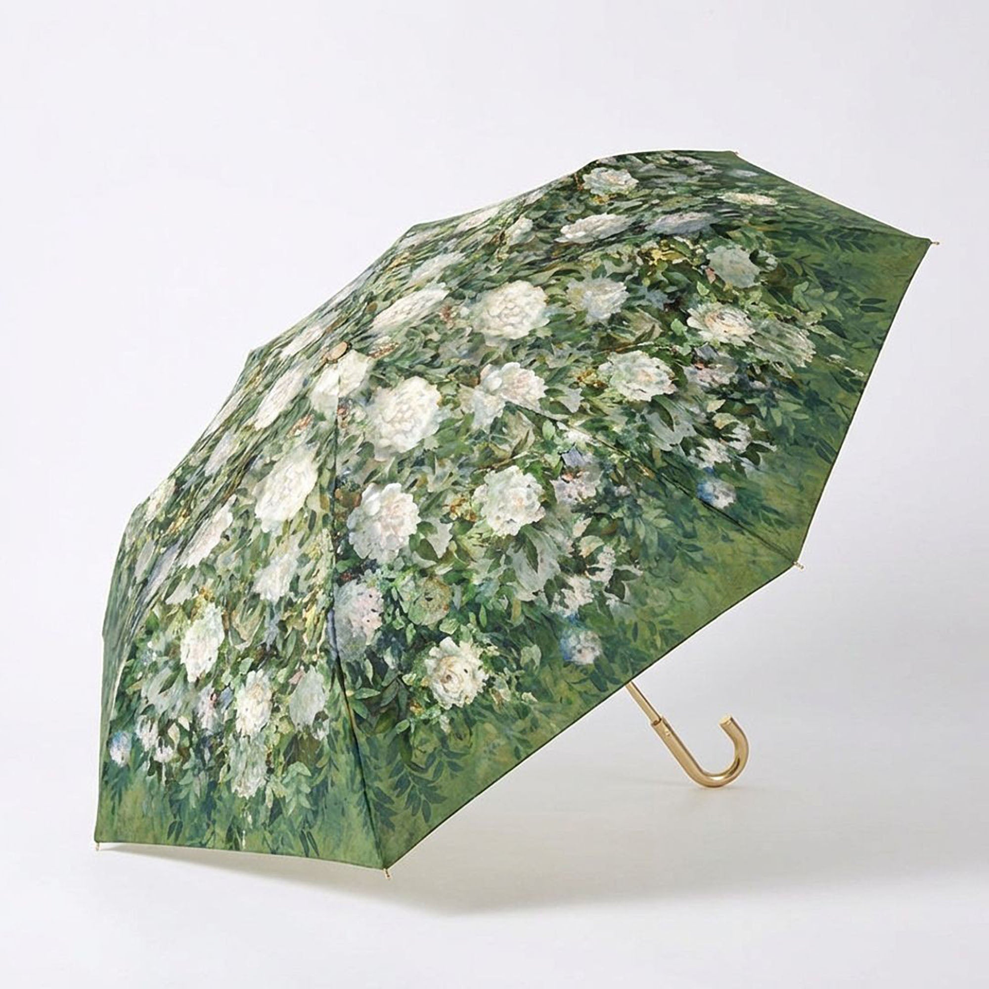 Anna-Kaci Floral Print Folding Umbrella with Gold Tone Frame Curved Handle and Matching Sleeve