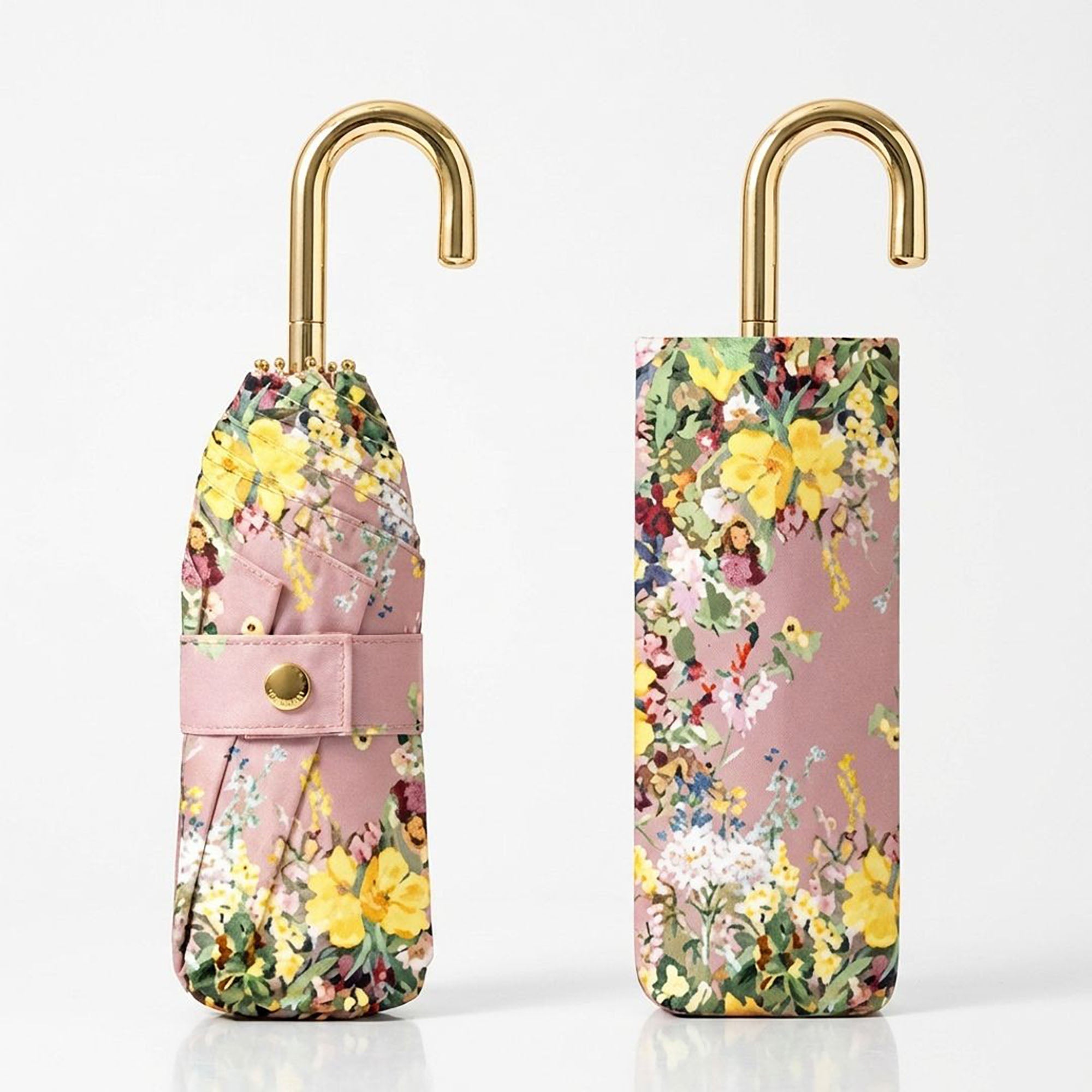 Anna-Kaci Floral Print Folding Umbrella with Gold Tone Frame Curved Handle and Matching Sleeve