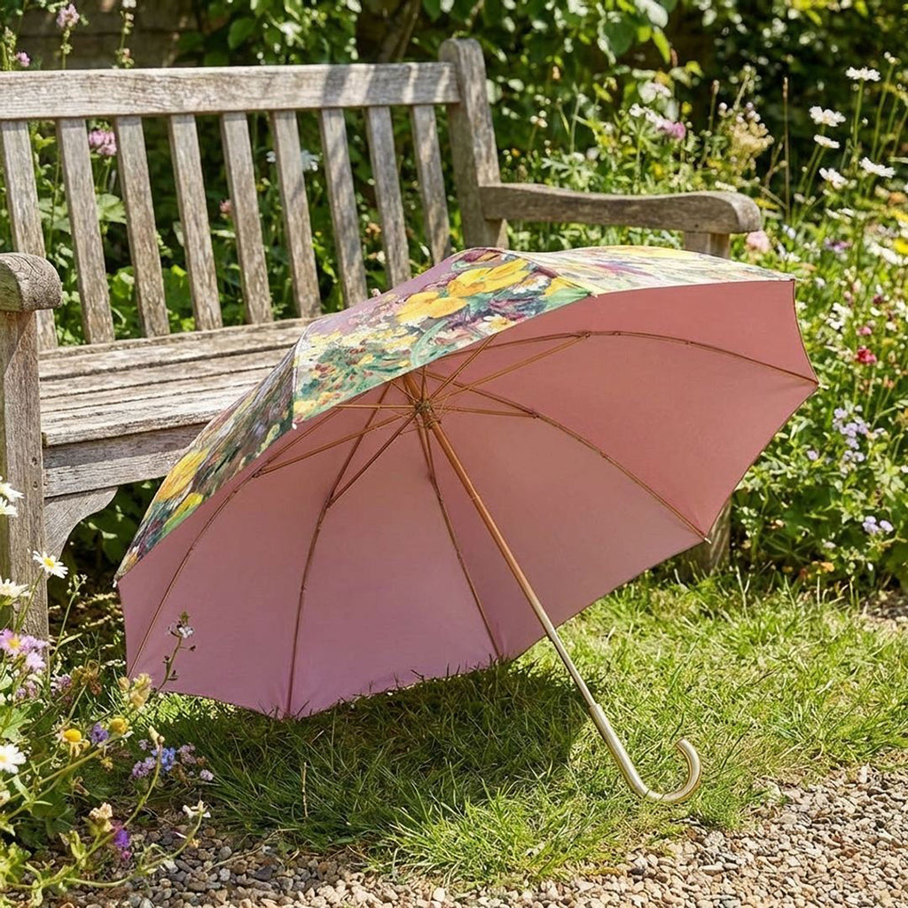 Anna-Kaci Floral Print Folding Umbrella with Gold Tone Frame Curved Handle and Matching Sleeve