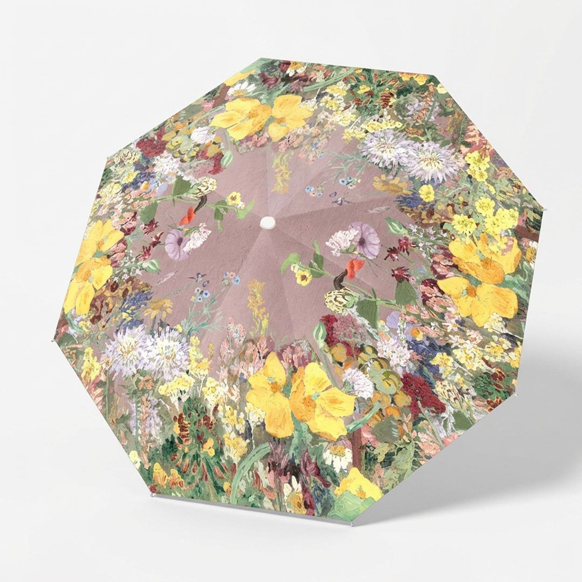 Anna-Kaci Floral Print Folding Umbrella with Gold Tone Frame Curved Handle and Matching Sleeve