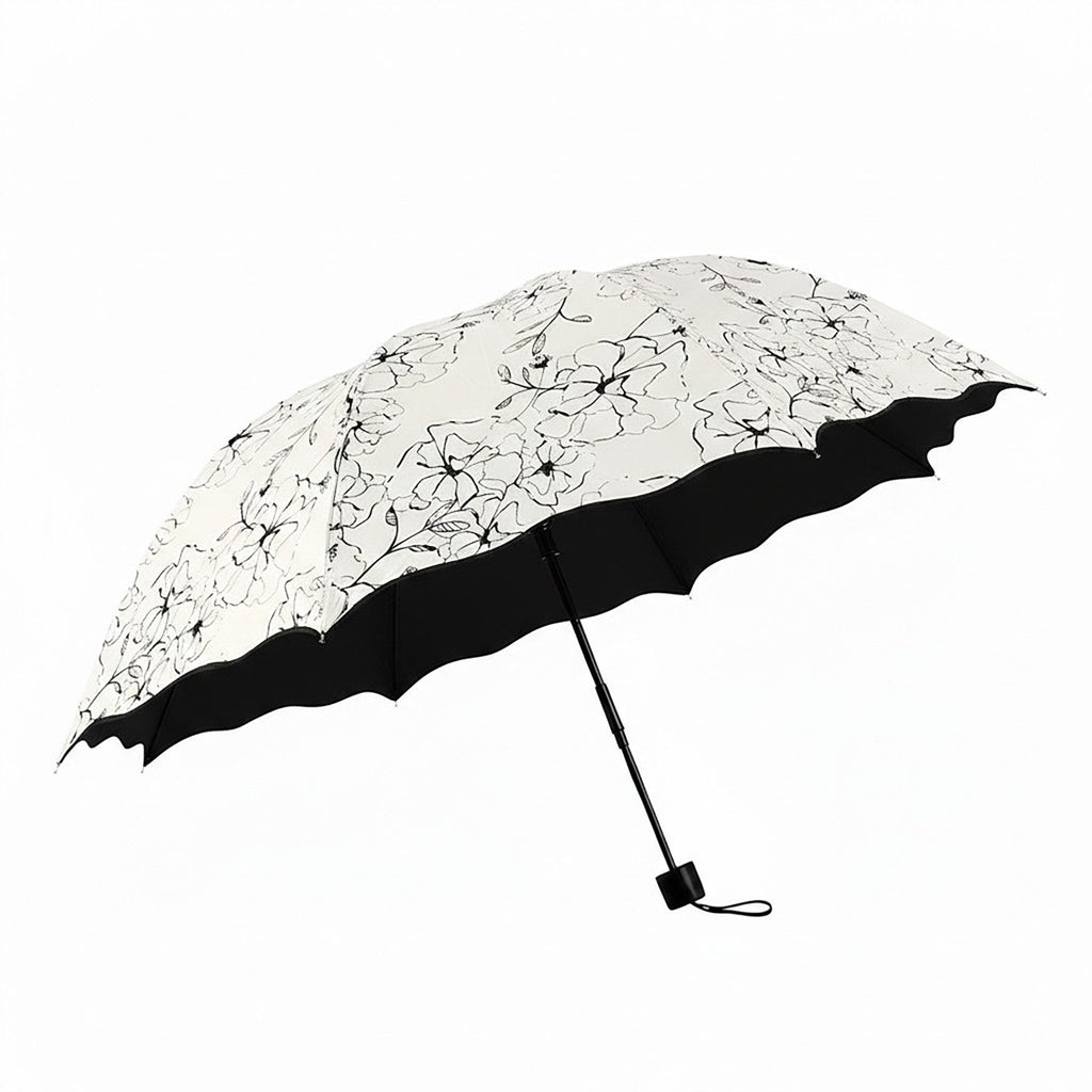 Anna-Kaci Floral Print Compact Umbrella with Scalloped Trim Canopy Automatic Open and Wind Resistant Frame