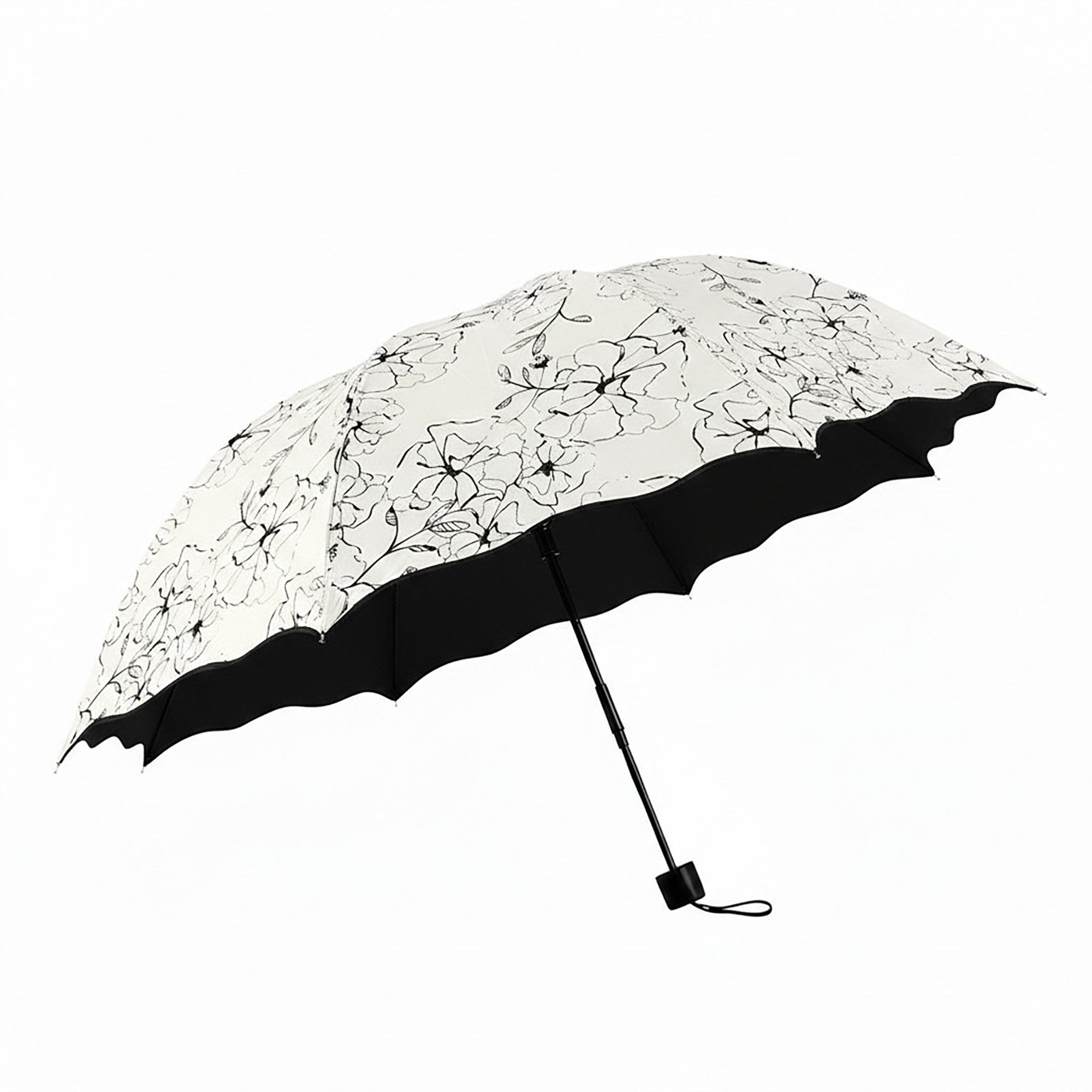 Anna-Kaci Floral Print Compact Umbrella with Scalloped Trim Canopy Automatic Open and Wind Resistant Frame