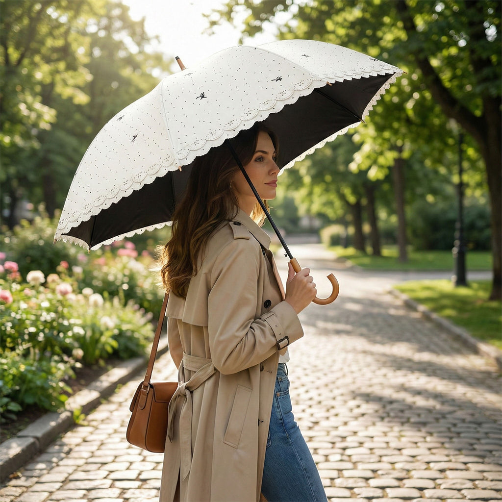 Anna-Kaci Floral Print Compact Umbrella with Scalloped Edge Canopy Automatic Open and Wind Resistant Frame