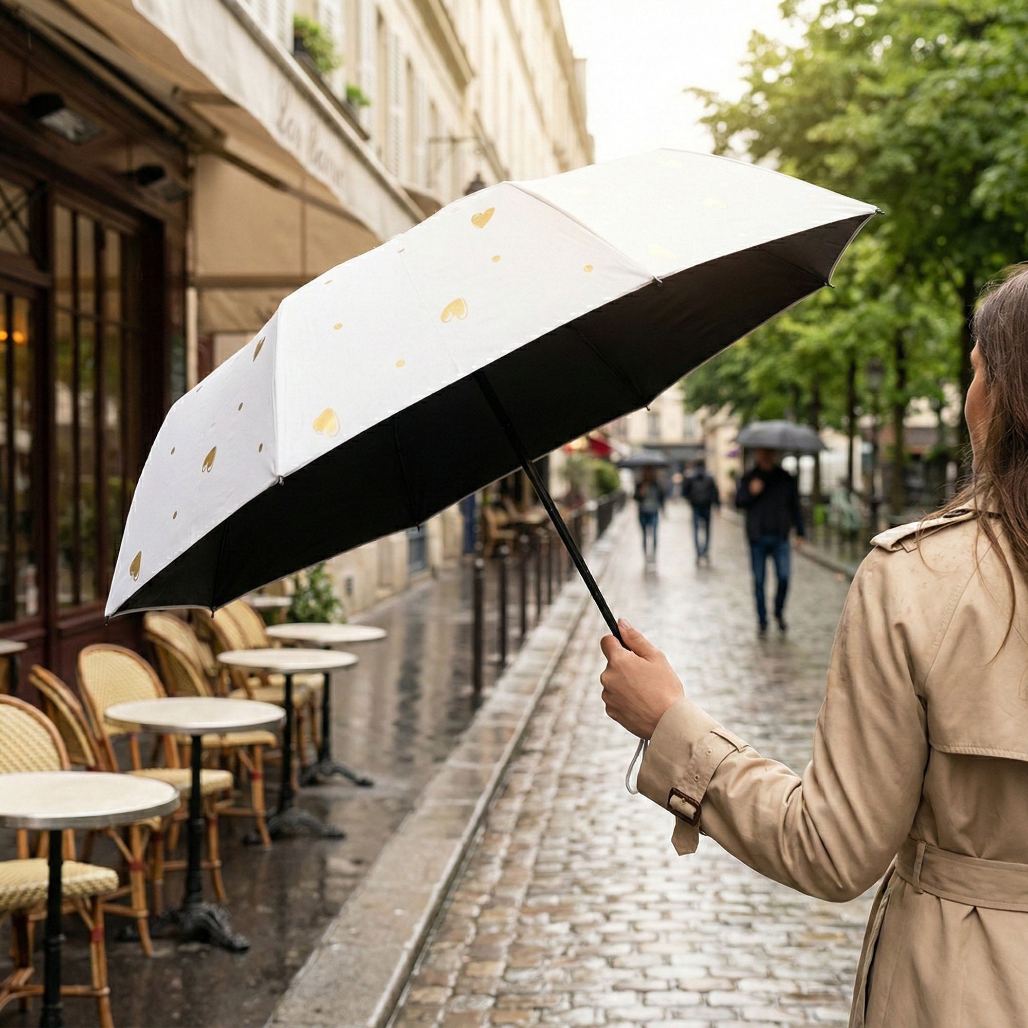 Anna-Kaci Heart Print Compact Folding Umbrella with Automatic Open Wind Resistant Frame and Wrist Strap