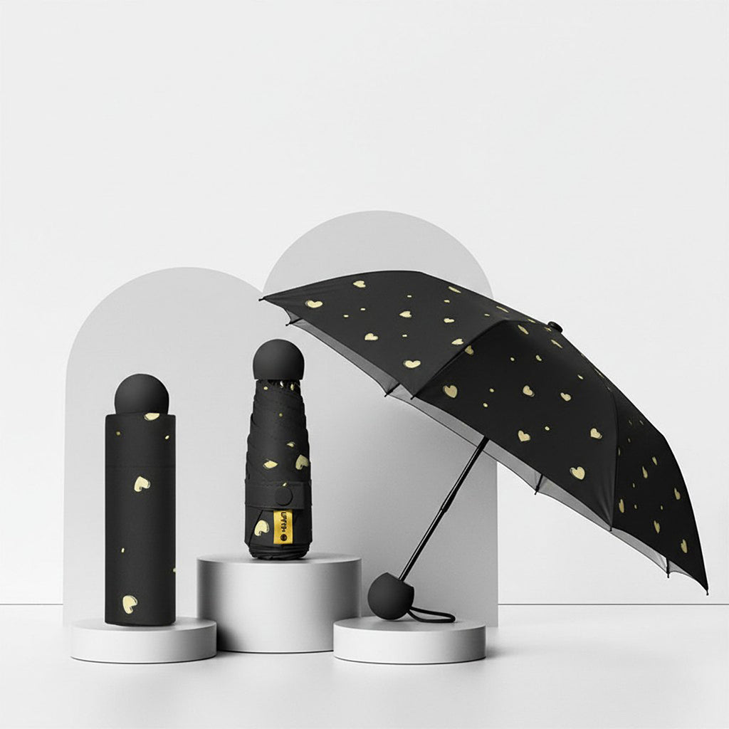 Anna-Kaci Heart Print Compact Folding Umbrella with Automatic Open Wind Resistant Frame and Wrist Strap