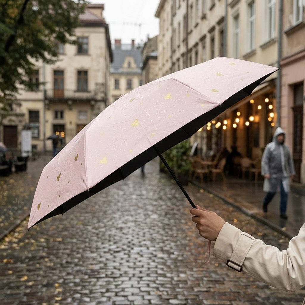 Anna-Kaci Heart Print Compact Folding Umbrella with Automatic Open Wind Resistant Frame and Wrist Strap