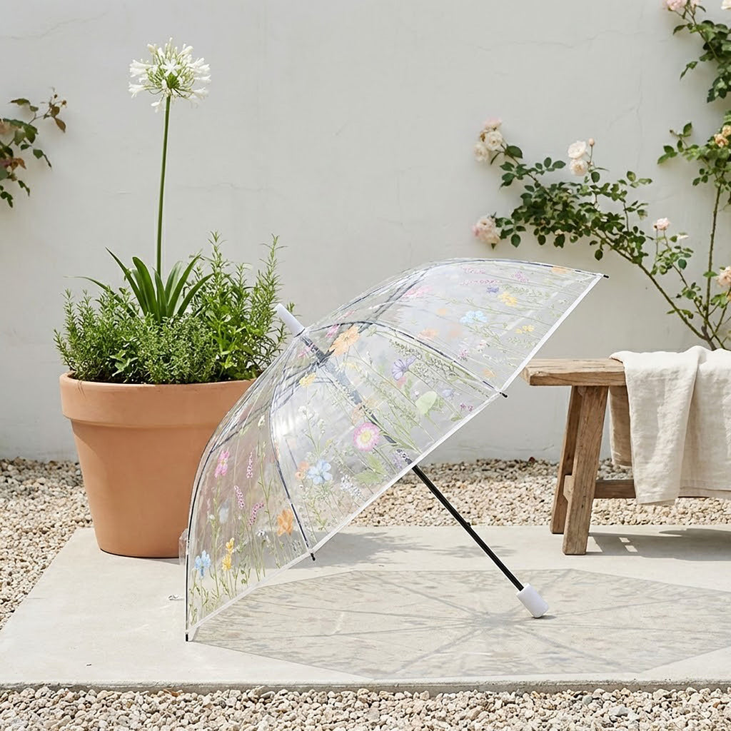 Anna-Kaci Clear Dome Umbrella with Floral Print Canopy Wind Resistant Frame and Curved Handle