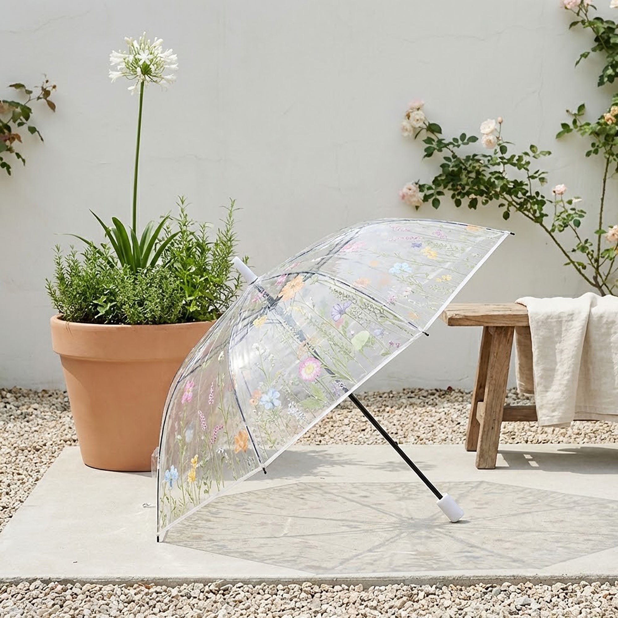 Anna-Kaci Clear Dome Umbrella with Floral Print Canopy Wind Resistant Frame and Curved Handle