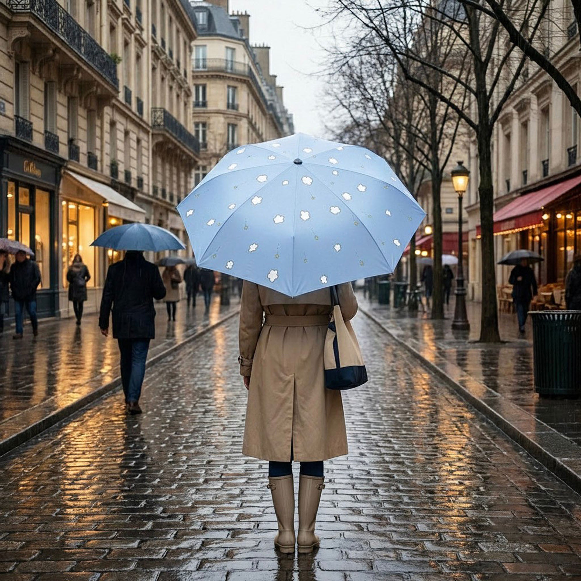 Anna-Kaci Cloud and Star Print Compact Folding Umbrella with Matching Sleeve and Automatic Open