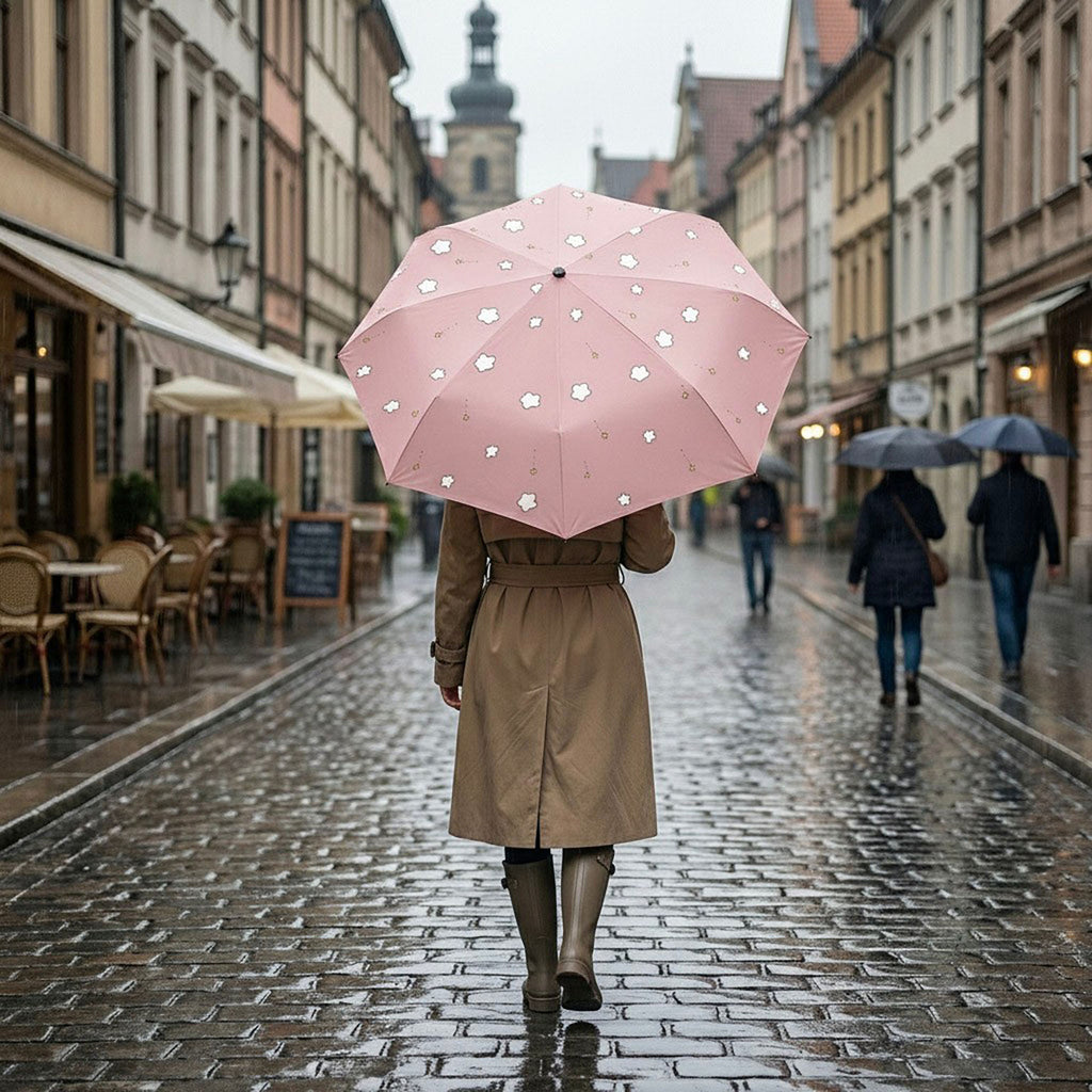 Anna-Kaci Cloud and Star Print Compact Folding Umbrella with Matching Sleeve and Automatic Open