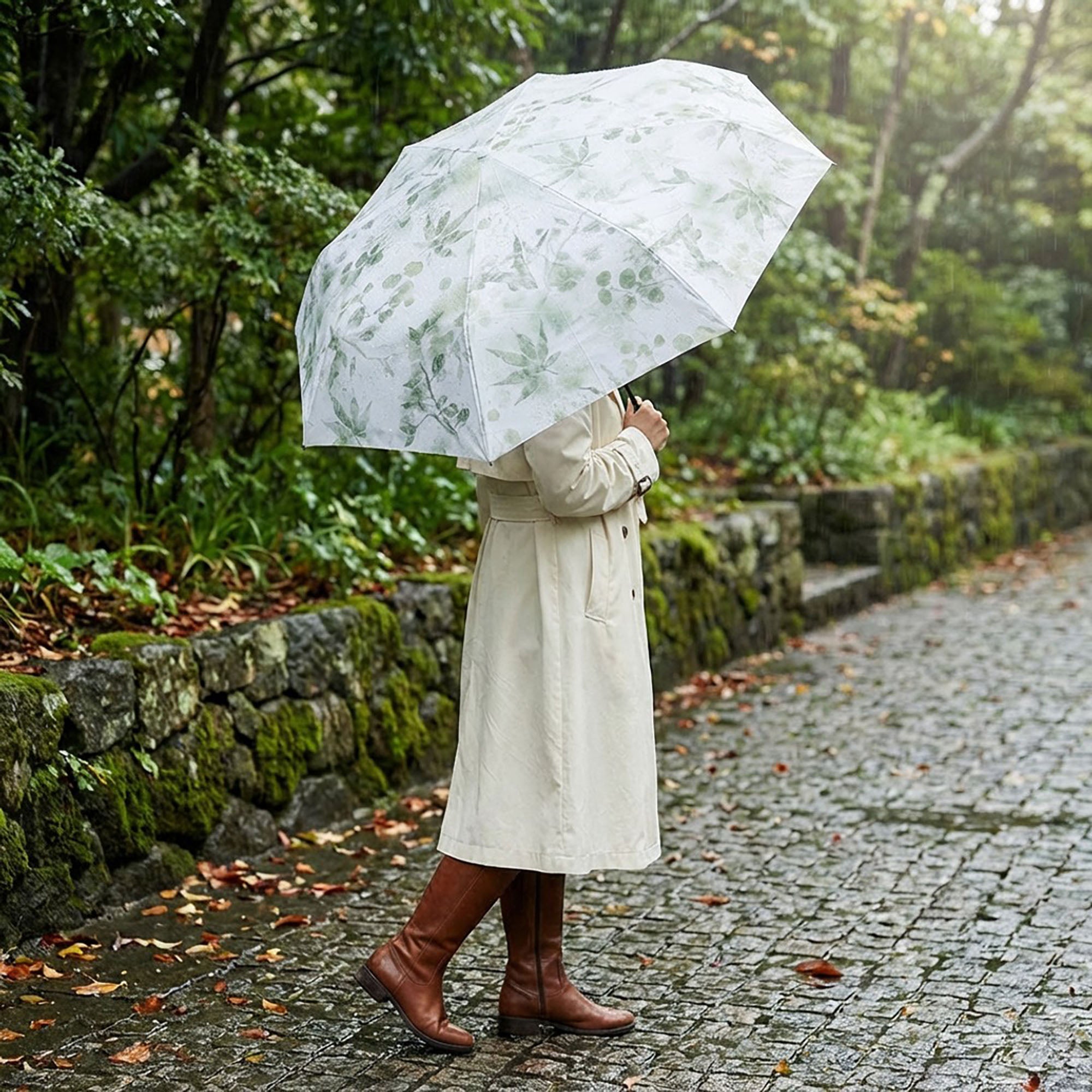 Anna-Kaci Botanical Leaf Print Compact Folding Umbrella with Automatic Open and Wind Resistant Frame