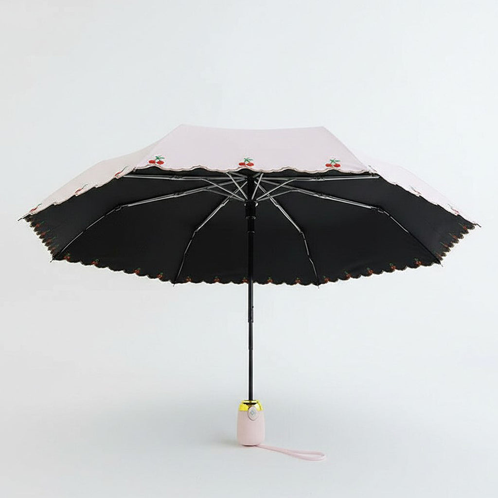 Anna-Kaci Scalloped Edge Compact Folding Umbrella with Embroidered Trim and Automatic Open