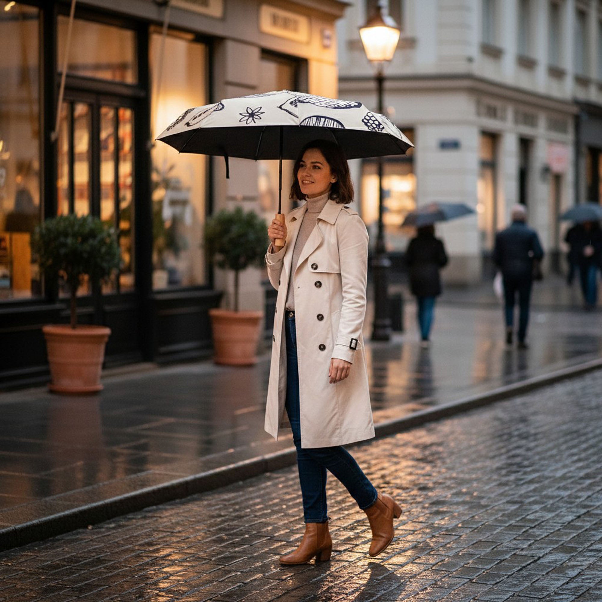 Anna-Kaci Modern Graphic Print Compact Folding Umbrella with Automatic Open and Wood Handle