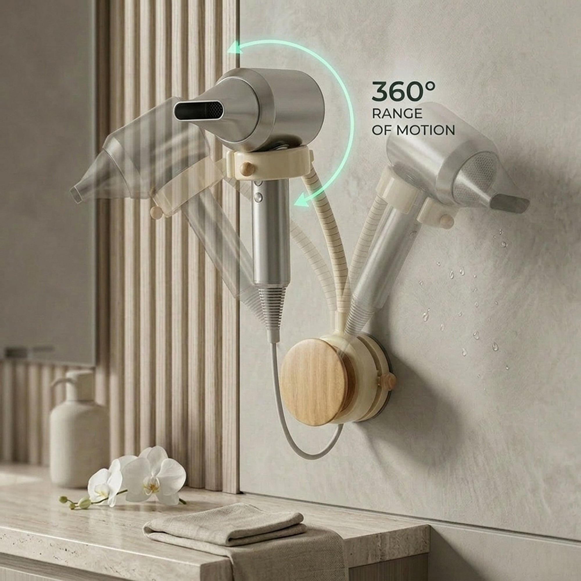 Anna-Kaci Adjustable Wall Mounted Hair Dryer Holder Flexible Arm 360 Degree Rotating Stand