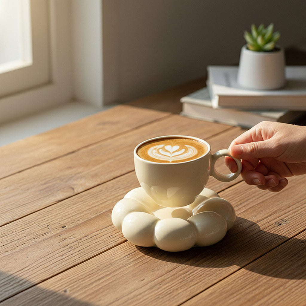Anna-Kaci Sculpted Bubble Base Ceramic Coffee Mug with Matching Saucer