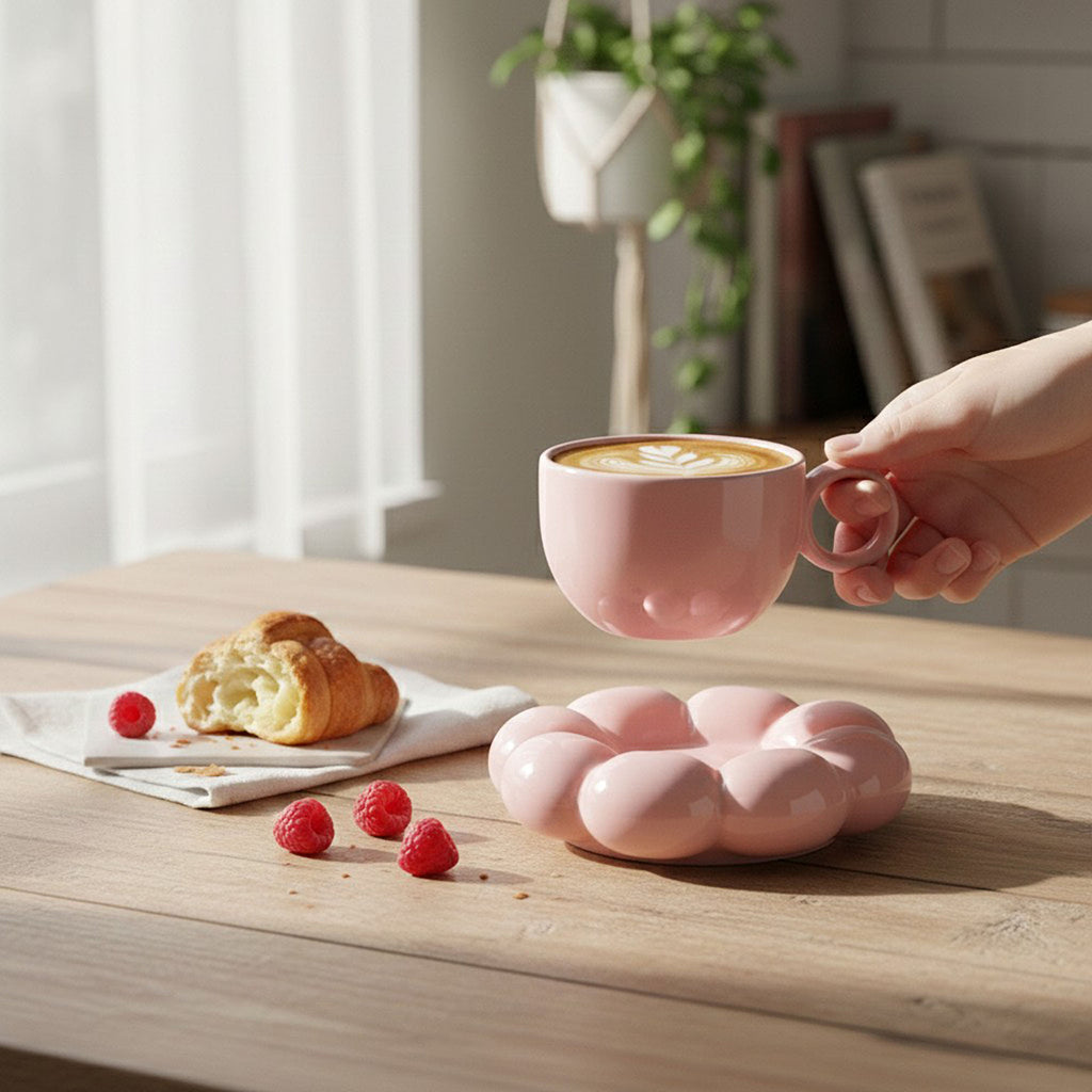 Anna-Kaci Sculpted Bubble Base Ceramic Coffee Mug with Matching Saucer