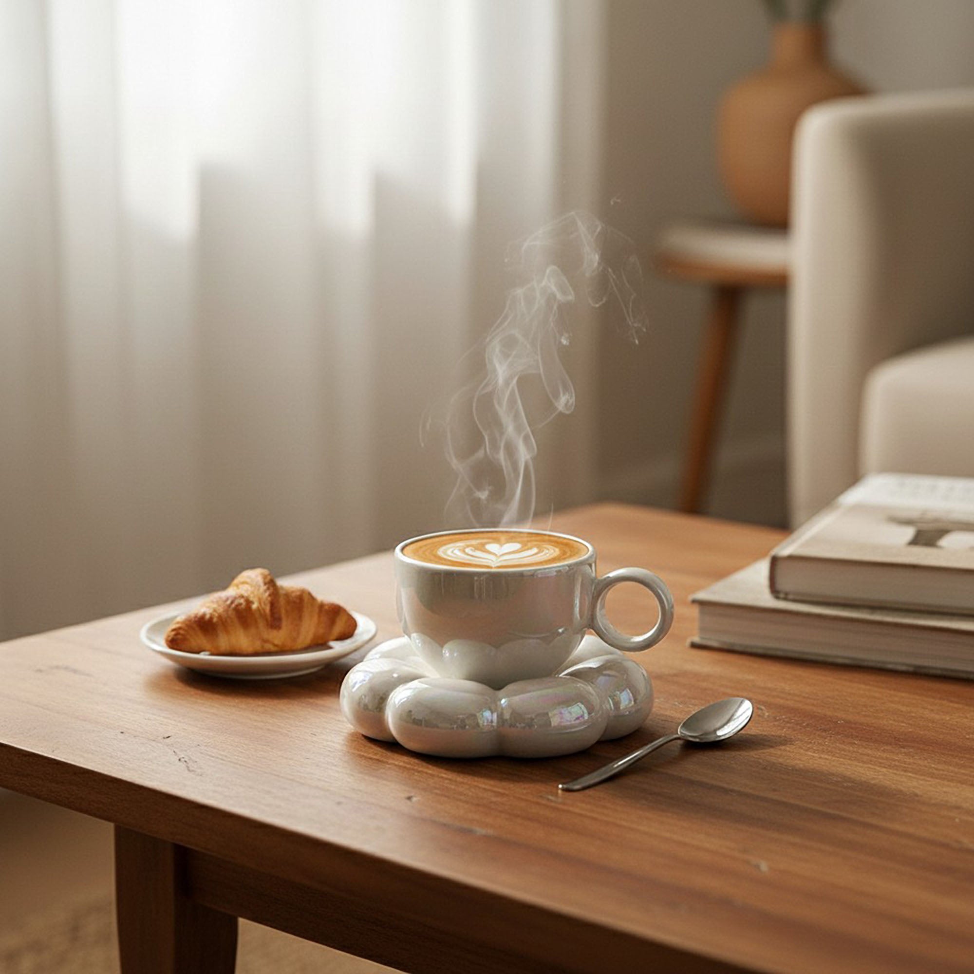 Anna-Kaci Sculpted Bubble Base Ceramic Coffee Mug with Matching Saucer
