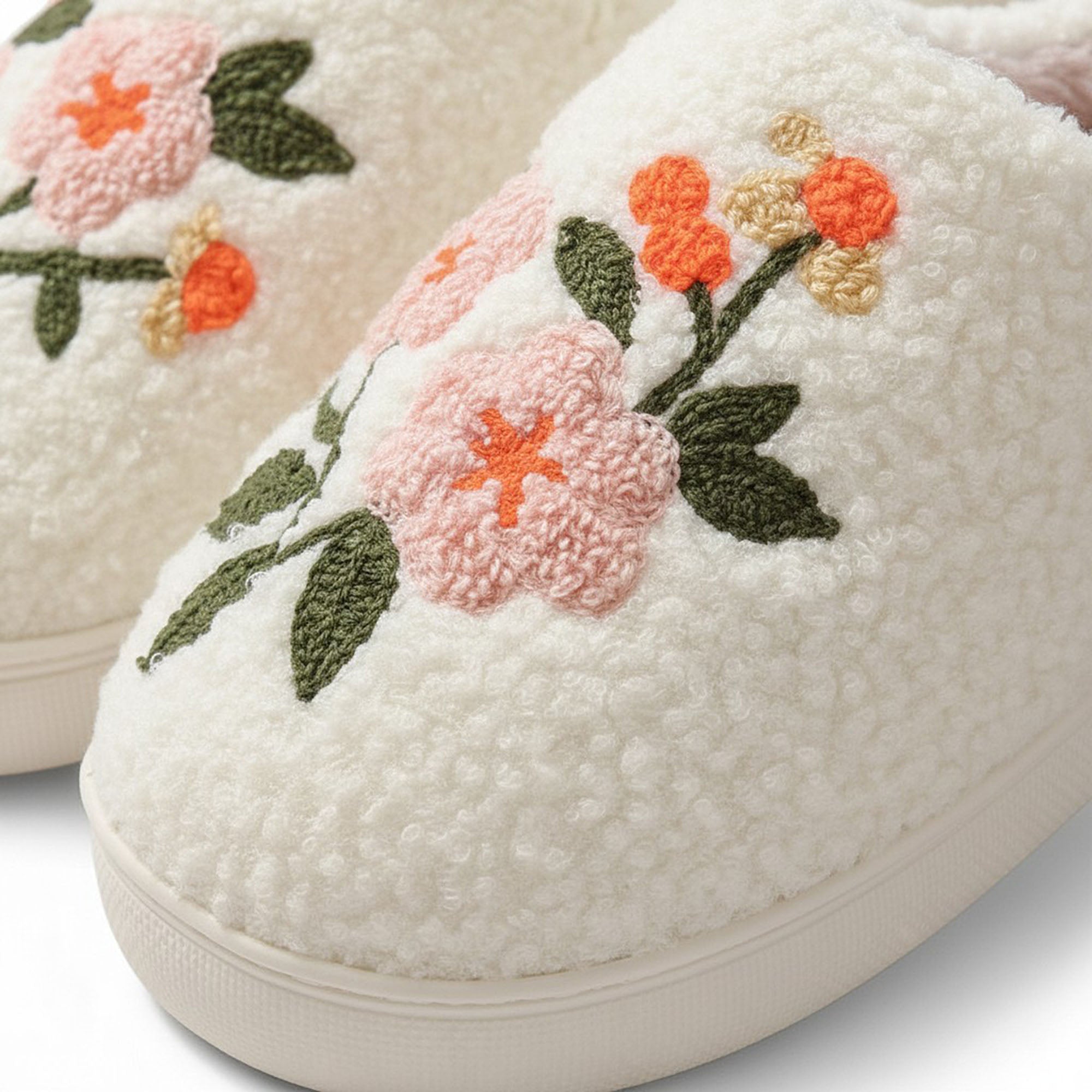Anna-Kaci Women's Sherpa Lined Closed Toe Slippers with Floral Embroidery