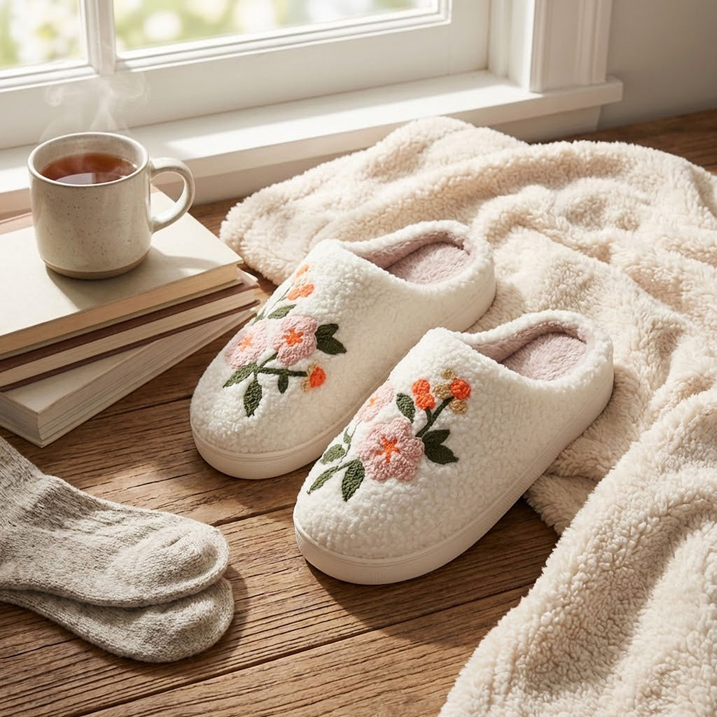 Anna-Kaci Women's Sherpa Lined Closed Toe Slippers with Floral Embroidery