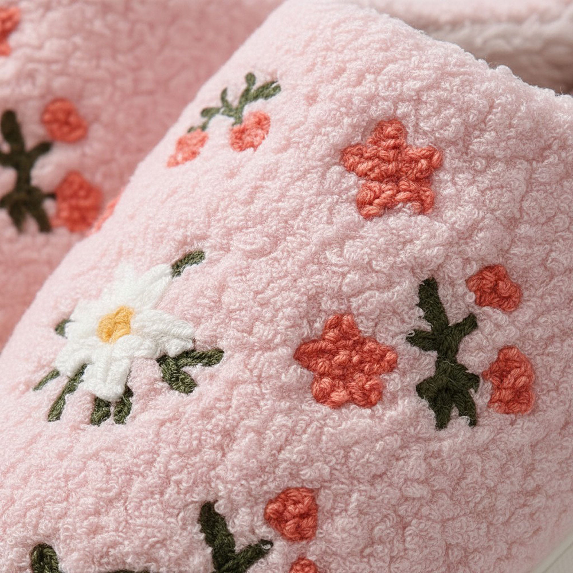 Anna-Kaci Women's Sherpa Lined Closed Toe Slippers with Floral Embroidery