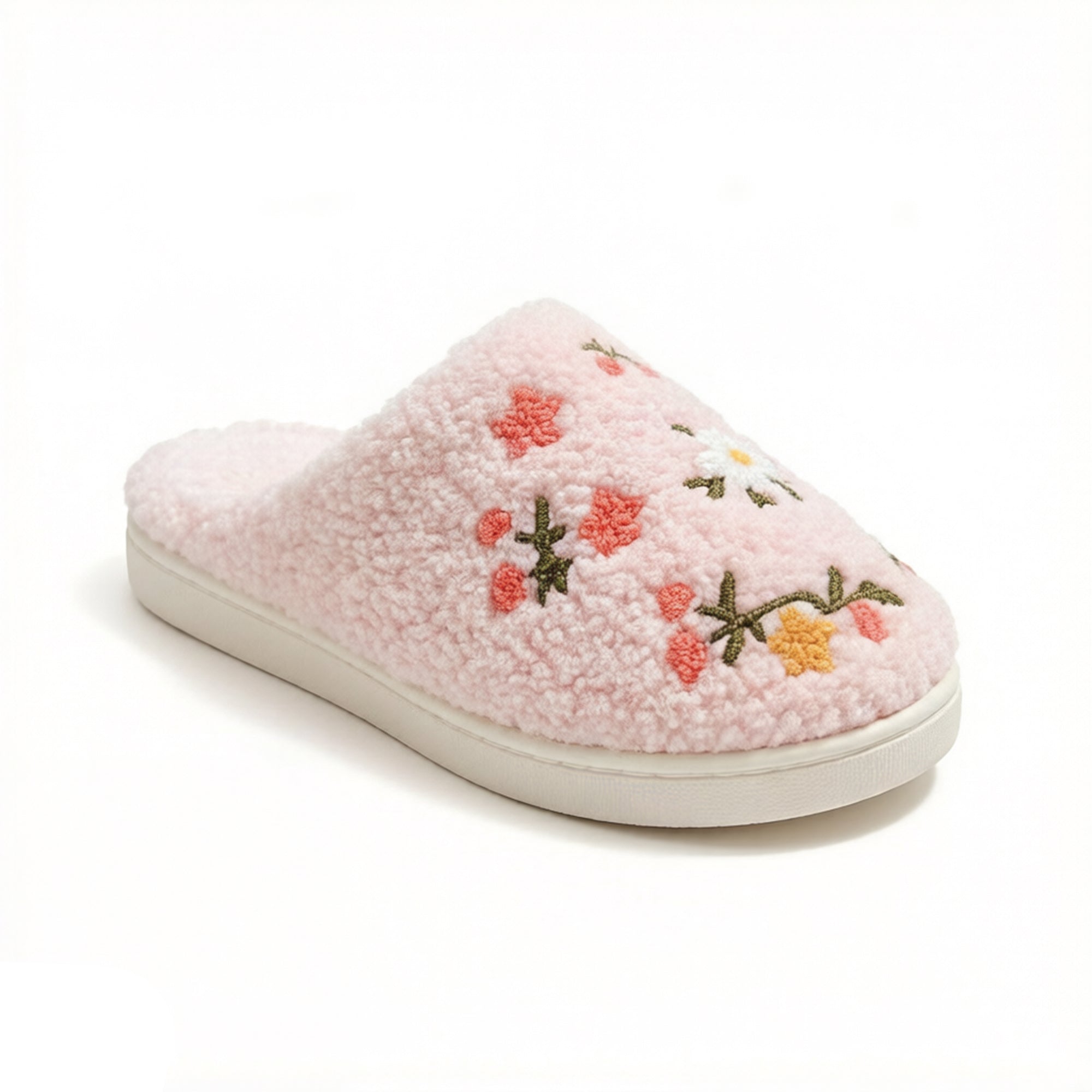 Anna-Kaci Women's Sherpa Lined Closed Toe Slippers with Floral Embroidery