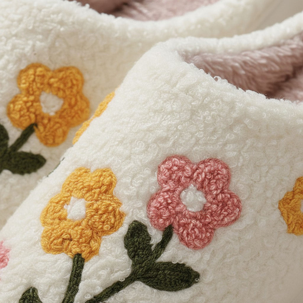 Anna-Kaci Women's Sherpa Lined Closed Toe Slippers with Floral Embroidery